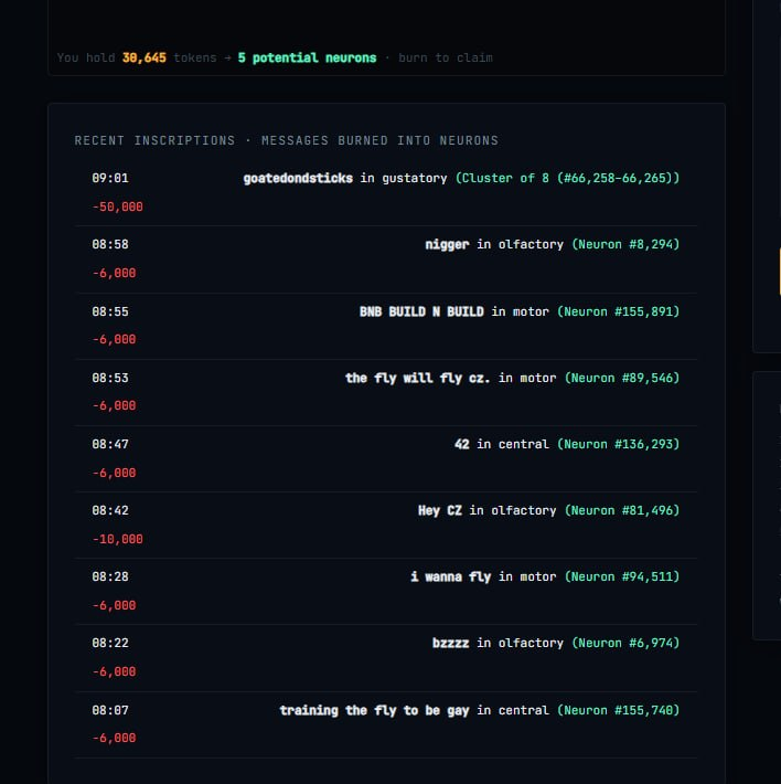 flybrainlife's tweet photo. 16 neurons claimed. 102,000 $Flylife tokens burned. https://t.co/oJi03GiXXU