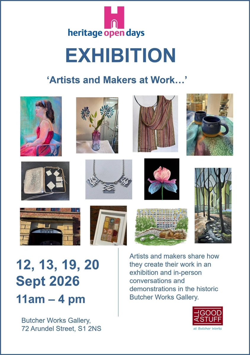 AGSSheffield's tweet photo. Here is the list of all our makers you can meet in the Butcher Works Gallery @heritageopenday exhibition this weekend. So much to see. Shop open as usual and surrounded by great cafes! #sheffield #heritageopendays #art 👩‍🎨 https://t.co/JXxYgRuHJN