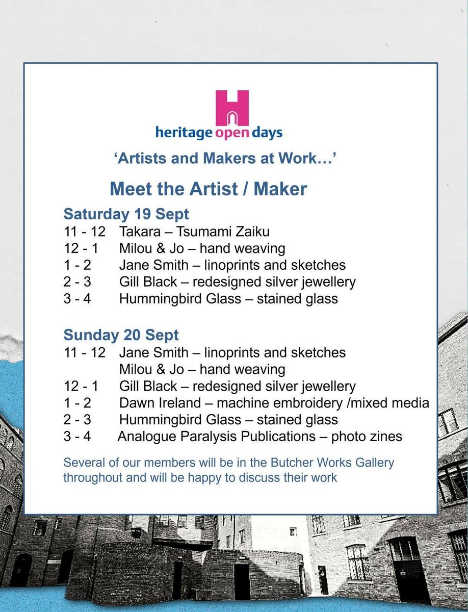 AGSSheffield's tweet photo. Here is the list of all our makers you can meet in the Butcher Works Gallery @heritageopenday exhibition this weekend. So much to see. Shop open as usual and surrounded by great cafes! #sheffield #heritageopendays #art 👩‍🎨 https://t.co/JXxYgRuHJN
