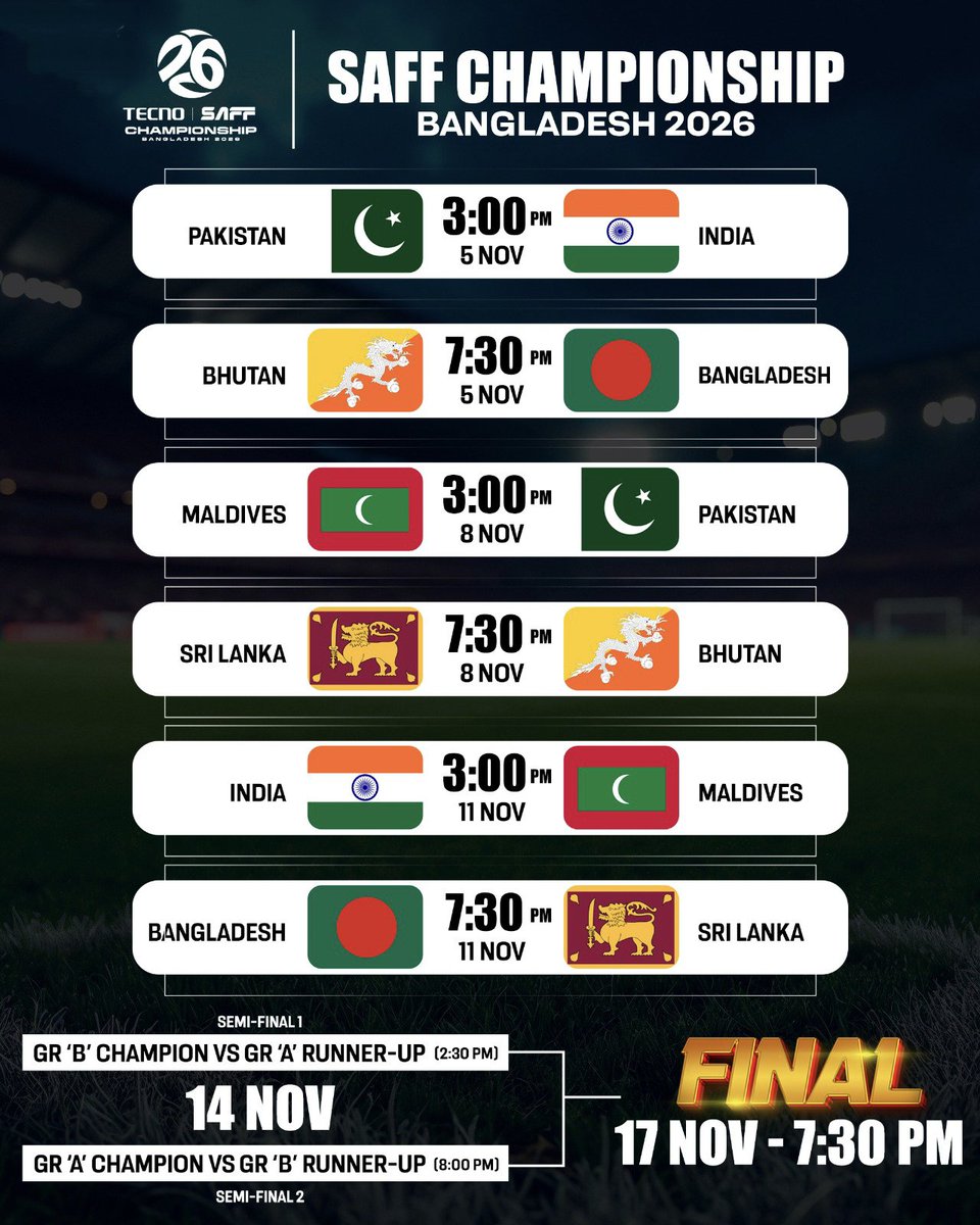Siuuubiii's tweet photo. Take a look at the complete SAFF Championship 2026 fixtures as India begin their campaign against Pakistan on November 5. 🇮🇳🏆

#SAFFChampionship #IndianFootball #aiff #kalyanchaubey #siuuubiii #ryanwilliams #saffchampionship #saff #footballlive https://t.co/eMbUwDN7o3