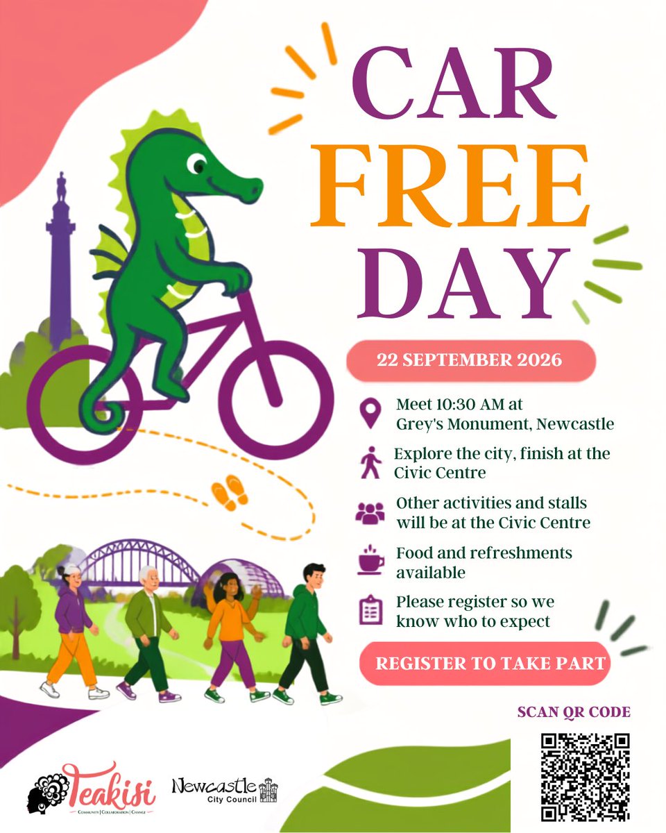 Teakisi's tweet photo. Fancy swapping the car for a walk around Newcastle?
On Tuesday 22 September, we will mark World Car Free Day by bringing our community together for a walk through Newcastle city centre.
Register here: https://t.co/zAO6Rmiw3Y
โฆ
#CarFreeDay #Wellbeing #CommunityWalk #Newcastle https://t.co/PQ6yatklNY