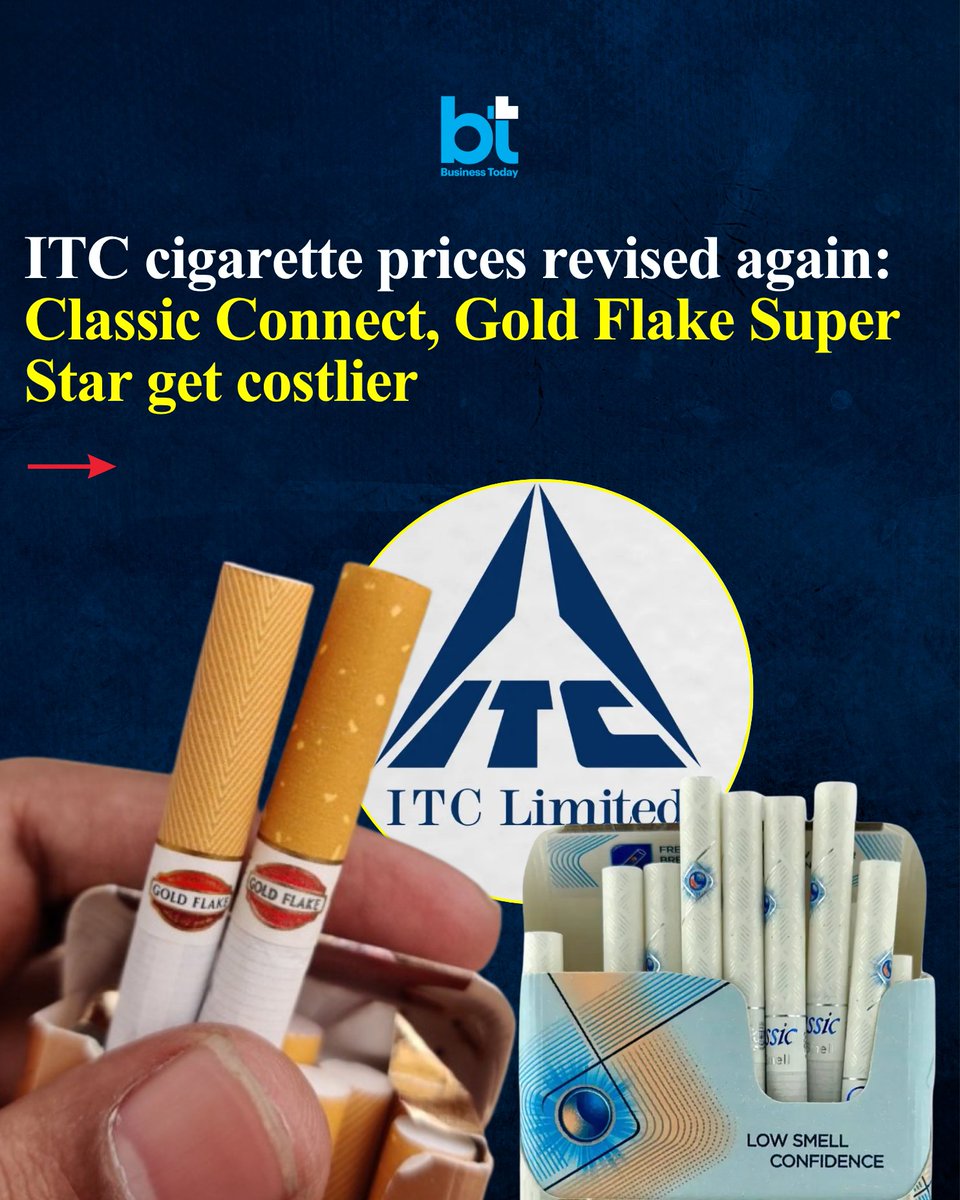 business_today's tweet photo. ITC Ltd has raised the prices of select cigarette brands again, with #ClassicConnect and #GoldFlakeSuperStar seeing another increase in their maximum retail prices (MRP), according to dealer checks.
Read more: https://t.co/qKsEBYvzBV https://t.co/NkgVGqInw6