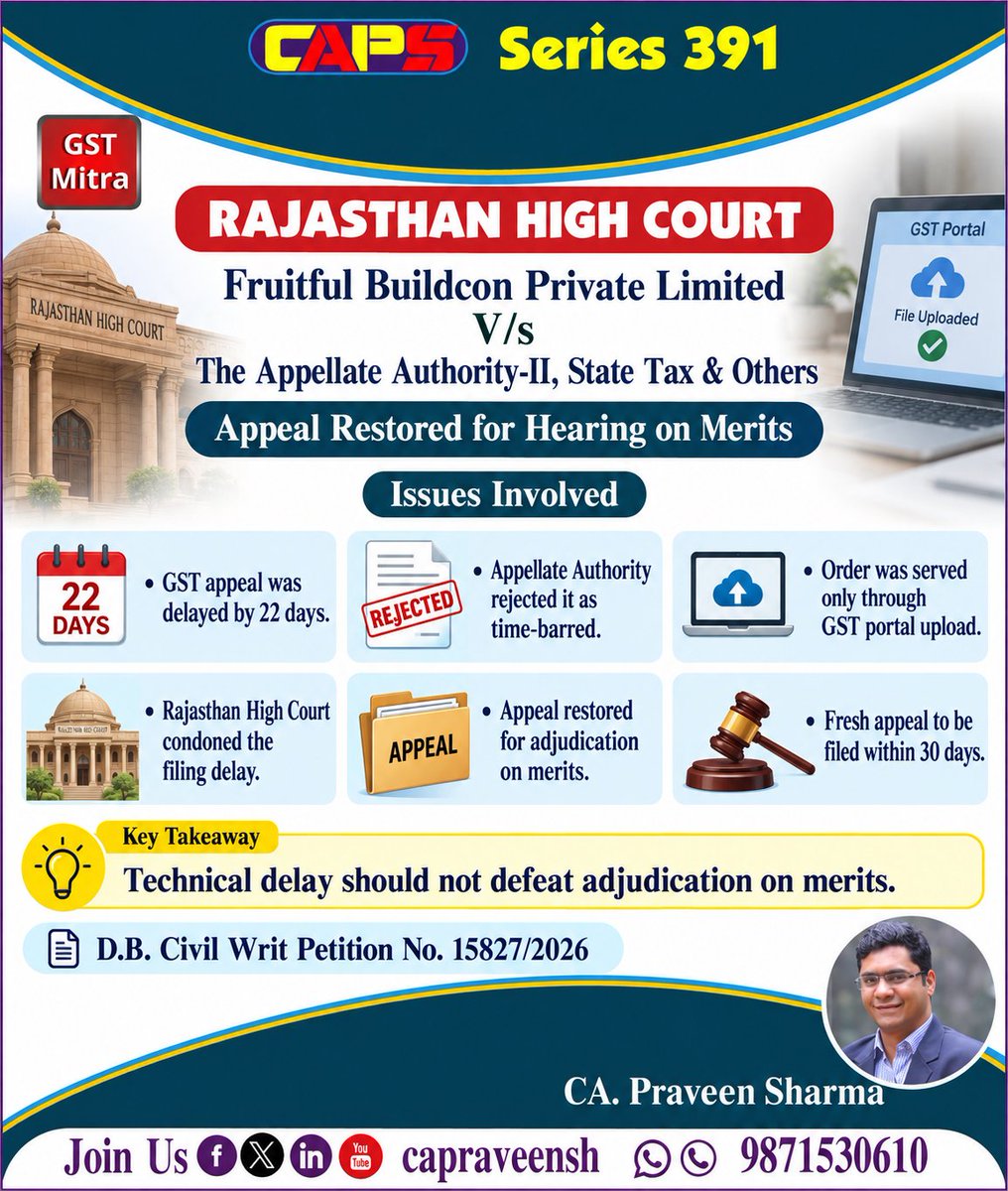 capraveensh's tweet photo. Rajasthan High Court restored Fruitful Buildcon’s GST appeal, condoning a 22-day delay caused by lack of effective communication after portal-only uploading. The Court held technical limitation should not defeat adjudication on merits. #GST #TaxLitigation #RajasthanHighCourt https://t.co/L3fkEvTRmk
