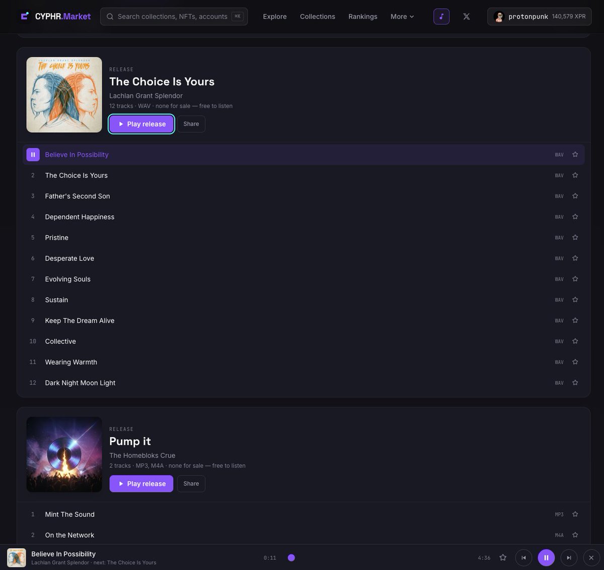 ProtonPunk's tweet photo. This is exactly the direction we’ve been working toward on https://t.co/Dx3ZuQWXdZ

The listener experience is already becoming a big part of what we’re building: releases, tracks, Play All, Shuffle, shareable playlists, personal music libraries, and the ability to buy an NFT directly while listening.

And I really like the idea of turning listeners into curators. There’s definitely something interesting to explore there.

You can check out what we’ve built so far here:
https://t.co/nltHqlp64B

You can also now share an entire album as a playlist with a simple link: https://t.co/YfHUsD30V7

I’d be happy to build on this together and see where we can take the music NFT experience on @XPRNetwork next
