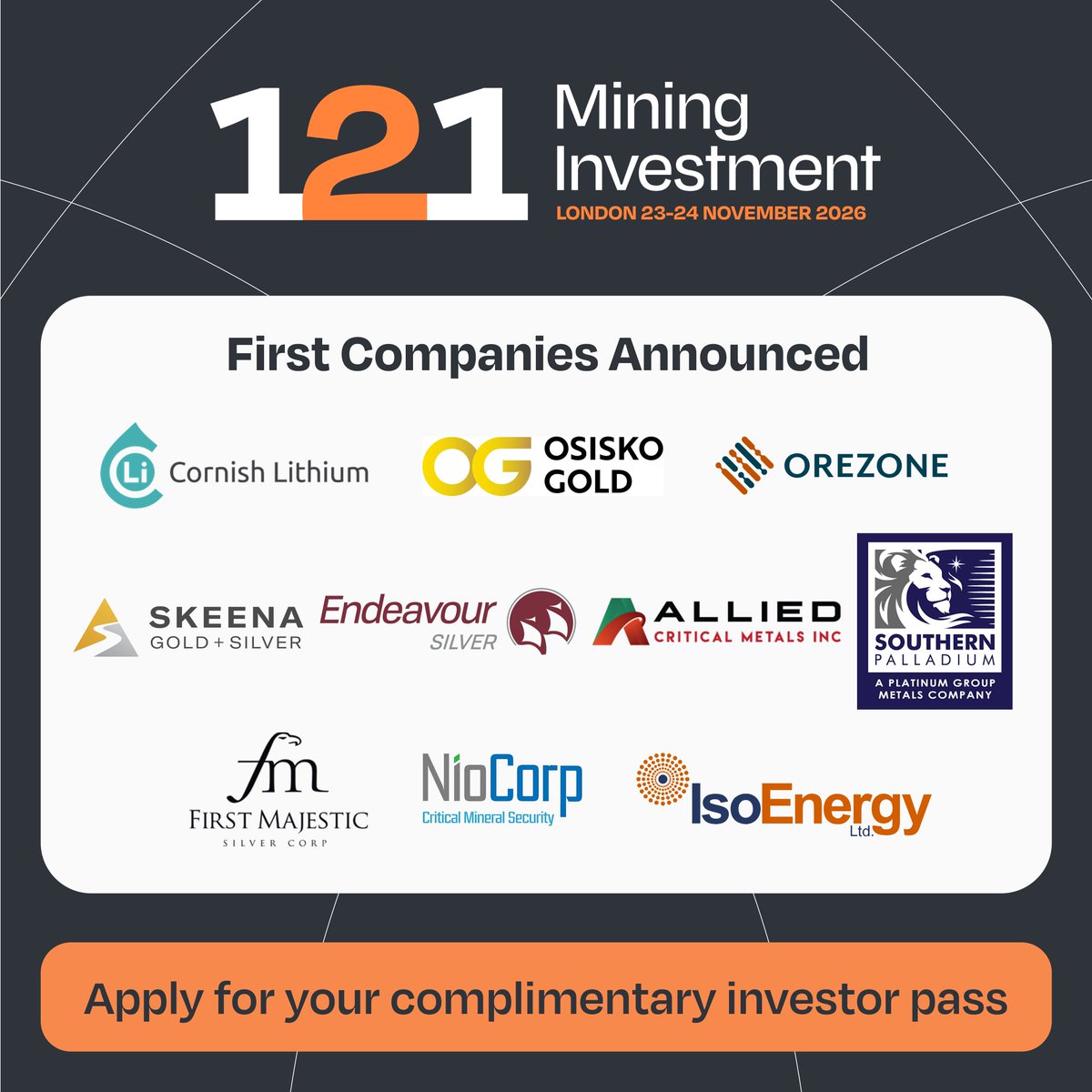 121MiningInv's tweet photo. Corporate slots capped. Waitlist active. First look at the company lineup!

Register early for 121 London on 23–24 November 2026 to get priority access to company decks &amp; prepare meeting preferences.

Qualified investors can apply for a complimentary pass: https://t.co/A2LVo6bcKn https://t.co/as80zXc9GJ