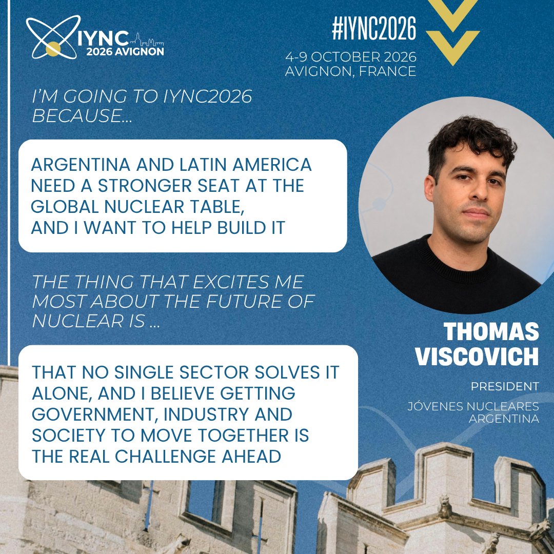 IYNC's tweet photo. From Argentina to Avignon! π¦π·β‘οΈπ«π·βοΈ
Thomas Viscovich, President of JΓ³venes Nucleares Argentina, is joining our IYNC2026 Ambassador crew!
Curious why heβs heading to Avignon? Find out below π
Join us at IYNC2026: https://t.co/DkrI28Iiy3
#IYNC2026 #TheChainOfChange https://t.co/7nuzv4B3C5