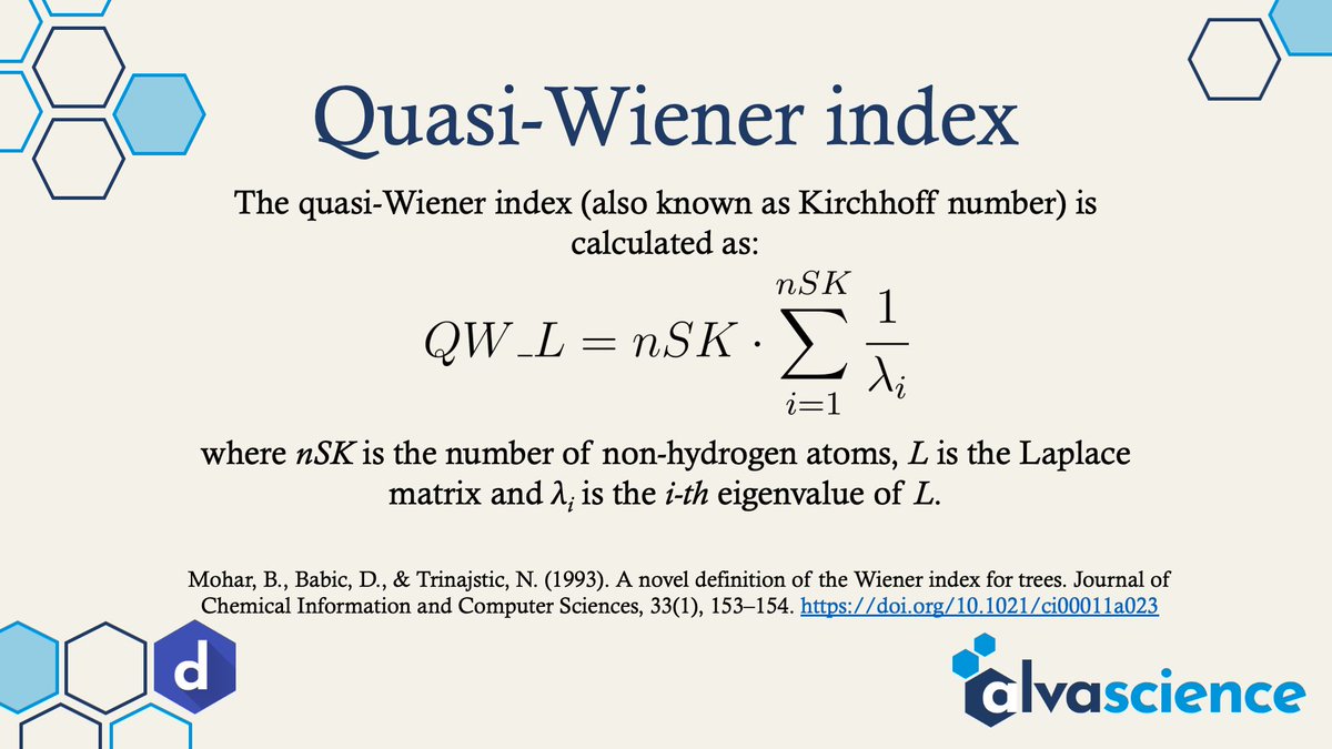 alvascience's tweet photo. #descriptoroftheday #moleculardescriptors #qsar #cheminformatics #alvatips

Quasi-Wiener index has been proposed in "A novel definition of the Wiener index for trees" via @JCIM_JCTC https://t.co/rnZ8Ha0dmS

Check #alvaDesc at: https://t.co/XvCDHIBg2o https://t.co/hnVCVscXMJ