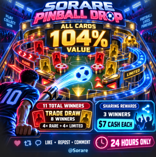 PawelTrader_'s tweet photo. 🎮 SORARE PINBALL DROP 🎮

All my cards are available for 104% value — every completed trade gives you one entry!

🏆 11 TOTAL WINNERS
🔴 Trade Draw: 4× Rare + 4× Limited
💵 Sharing Rewards: 3 winners — $7 cash each

To enter the Sharing Draw:
❤️ Like • 🔁 Repost • 💬 Comment your Sorare username

⏳ 24 hours only — play, trade and win with @Sorare! ⚽
