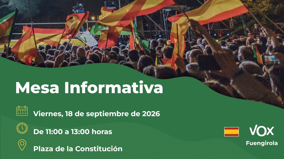 Vox_Fuengirola's tweet photo. Este viernes volvemos a la calle con nuestras mesas informativas‼️

Queremos contarte nuestras nuevas propuestas para el municipio y lo que es más importante, escuchar las tuyas. 

Así que ya sabes! Te esperamos! 🇪🇸 https://t.co/zUHfAgnhjy
