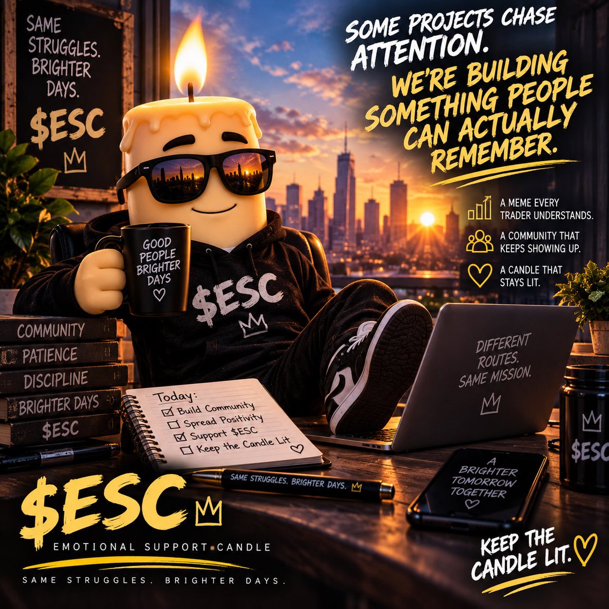 ESCandleSOL's tweet photo. Some projects chase attention.

We’re building something people can actually remember. 🕯️

A meme every trader understands.
A community that keeps showing up.
A candle that stays lit.

$ESC — Emotional Support Candle 🔥

Same struggles. Brighter days. https://t.co/puCExed3uX