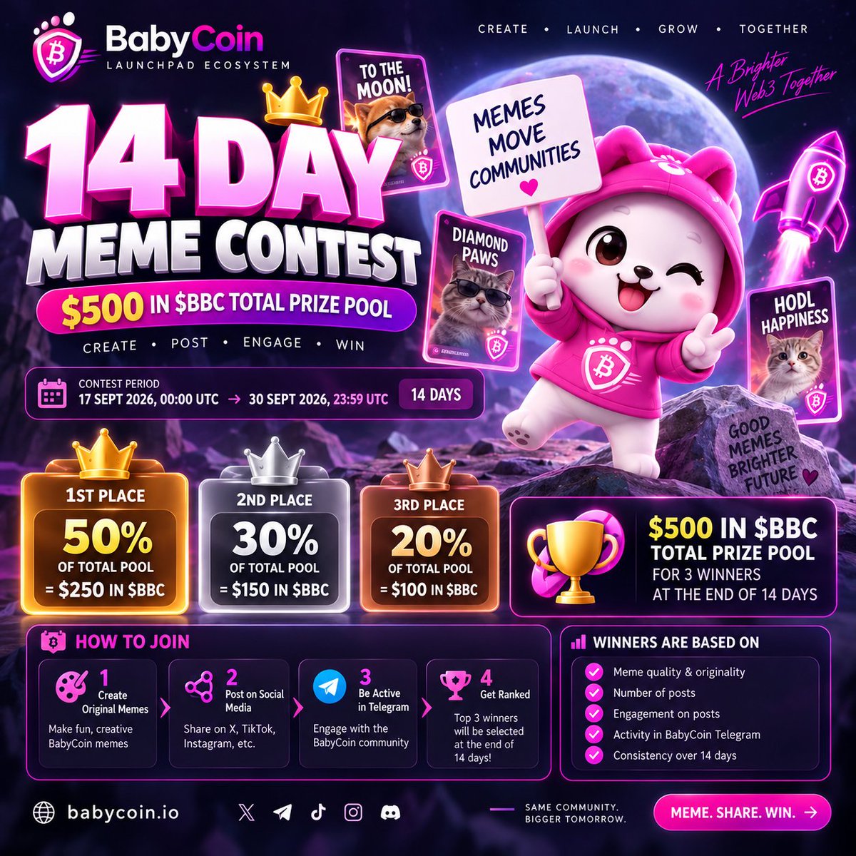 babycoinio's tweet photo. 🚨 $500 BABYCOIN MEME CONTEST IS HERE! 🚨
Think you can meme your way to the top? 👀🔥
We’re giving away $500 worth of $BBC to the TOP 3 meme creators over 14 days! 🏆
🥇 1st — $250 in $BBC
🥈 2nd — $150 in $BBC
🥉 3rd — $100 in $BBC
📅 17–30 September 2026
⏰ Starts 17 Sept • 00:00 UTC
🎨 Create original BabyCoin memes
📲 Post them on your socials
🔥 Get real engagement
💬 Stay active in the BabyCoin Telegram community
📈 Keep creating throughout the 14 days
More creativity. More engagement. More community activity. More chances to stand out.
Ready? MEME. SHARE. WIN. 🚀
🌐 https://t.co/b8lLcn2zXW
#BabyCoin #BBC #MemeContest #CryptoMemes #Crypto #Web3 #DeFi #Altcoins #CryptoCommunity #GiveawayContest
