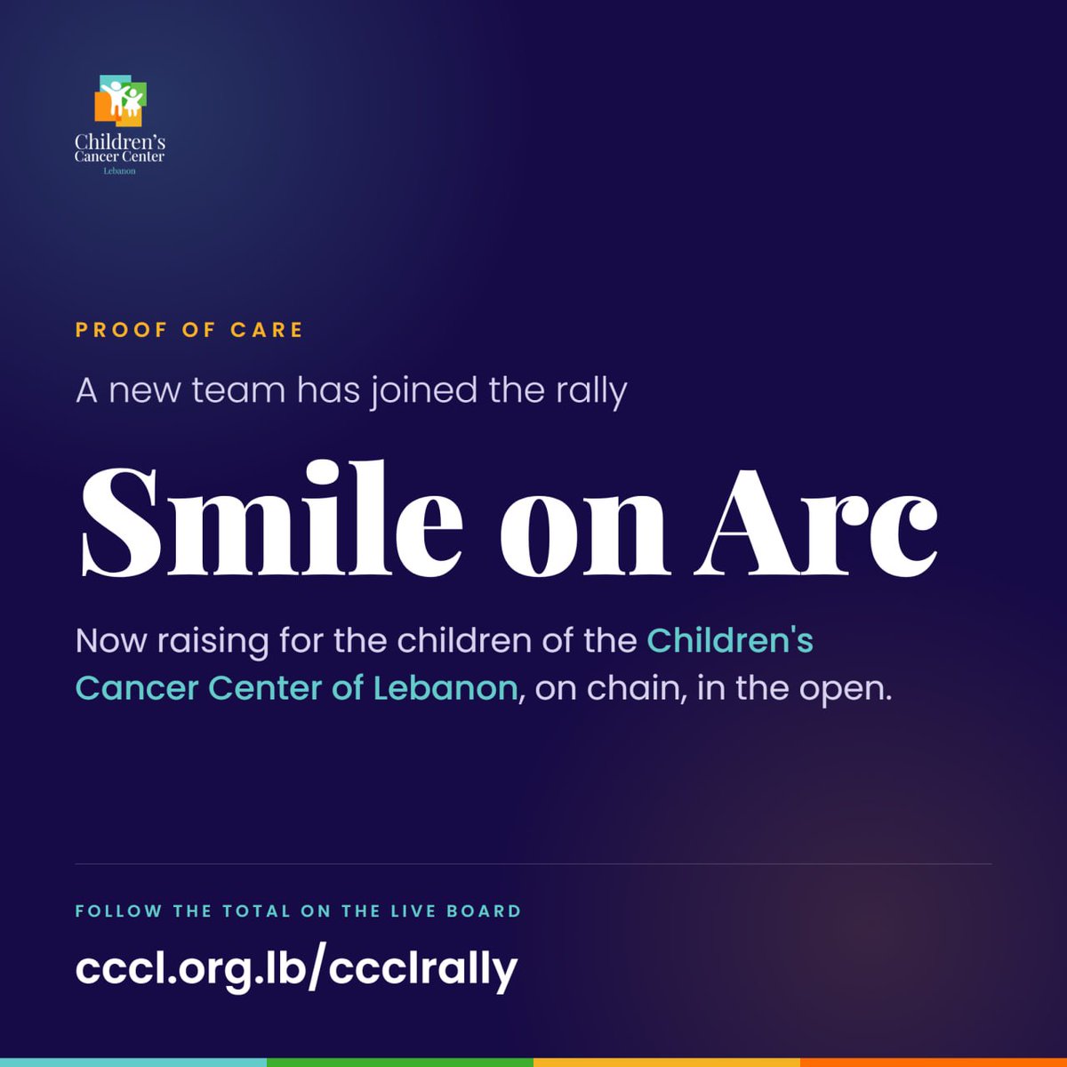 CCCLebanon's tweet photo. New team on the board. 

Smile on Arc (@smileonarc) is raising for the children of CCCL through the fees on their token, on Arc. 

Every donation that lands is read straight from the wallet on chain, so you can check their total yourself, any time. 

https://t.co/C1rReO6ThI https://t.co/FrpLceYMIi