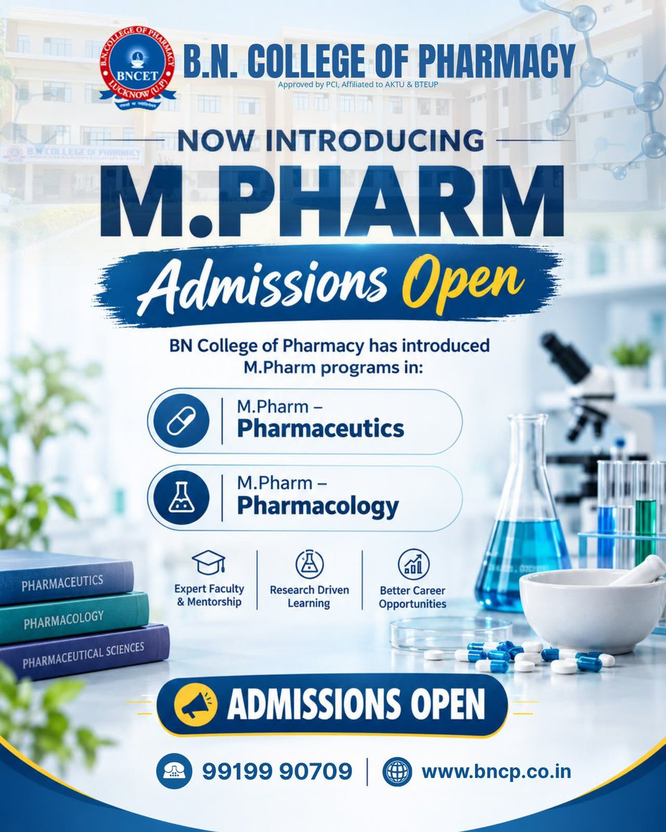 bncplucknow's tweet photo. 🎓 𝗡𝗢𝗪 𝗜𝗡𝗧𝗥𝗢𝗗𝗨𝗖𝗜𝗡𝗚 𝗠.𝗣𝗵𝗮𝗿𝗺 — 𝗔𝗗𝗠𝗜𝗦𝗦𝗜𝗢𝗡𝗦 𝗢𝗣𝗘𝗡! 💊

Take the next step in your pharmaceutical career with 𝗕.𝗡. 𝗖𝗼𝗹𝗹𝗲𝗴𝗲 𝗼𝗳 𝗣𝗵𝗮𝗿𝗺𝗮𝗰𝘆, 𝗟𝘂𝗰𝗸𝗻𝗼𝘄.

📞 𝗔𝗱𝗺𝗶𝘀𝘀𝗶𝗼𝗻𝘀 𝗘𝗻𝗾𝘂𝗶𝗿𝘆: 99199 90709
🌐 https://t.co/gW0Zpr27BH https://t.co/Atryf2qziO
