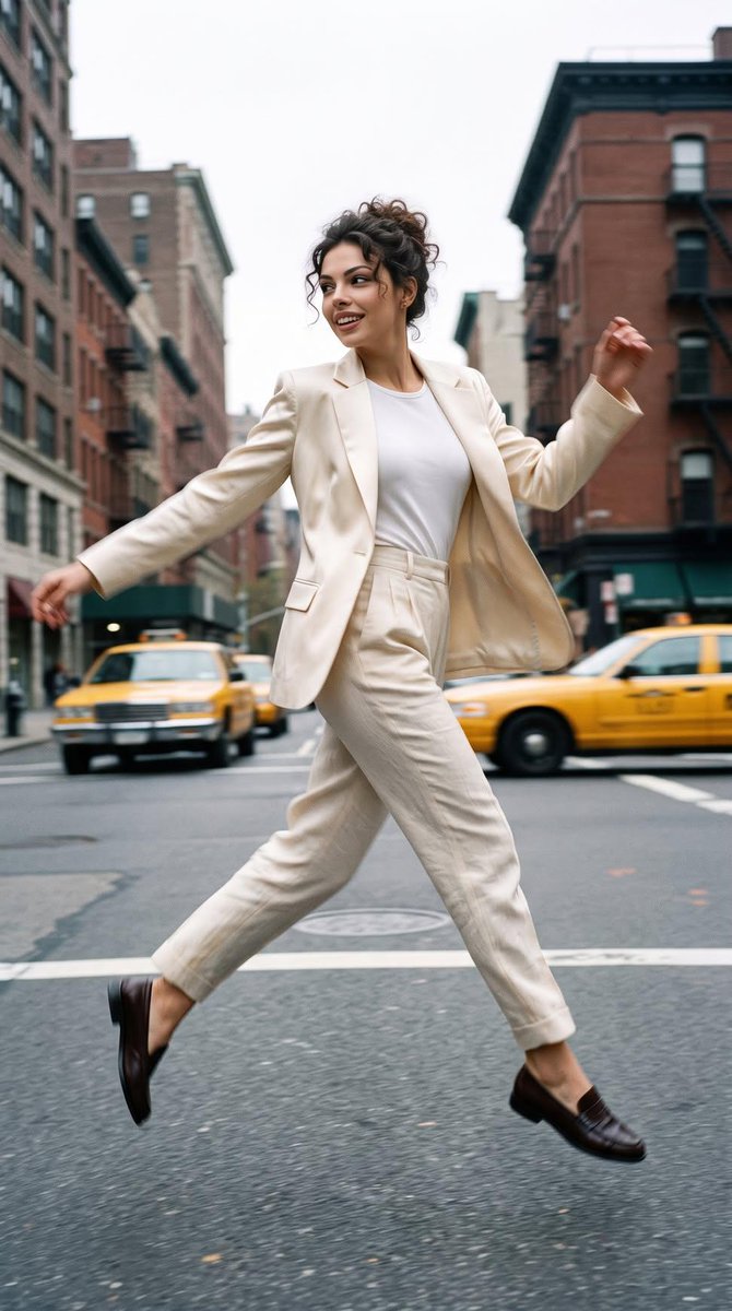 juliaevee's tweet photo. City streets effortless style and a little freedom in every step.
Just enjoying the moment and letting the city set the mood.

Created Created with GPT Image 2 on Chatgpt

Prompt:

A mid-shot, dynamic fashion photograph of a stylish young woman with dark curly hair tied in an updo, joyfully mid-air mid-stride across a city street. She is wearing a cream-white relaxed tailored suit featuring an unbuttoned blazer, a simple white t-shirt, high-waisted pleated trousers, and dark brown leather loafers. Her expression is energetic and smiling, looking off-camera. The background shows classic New York City brownstone architecture and yellow taxi cabs blurred in motion. Daylight, natural urban lighting, high aesthetic street style photography, 8k resolution, photorealistic.