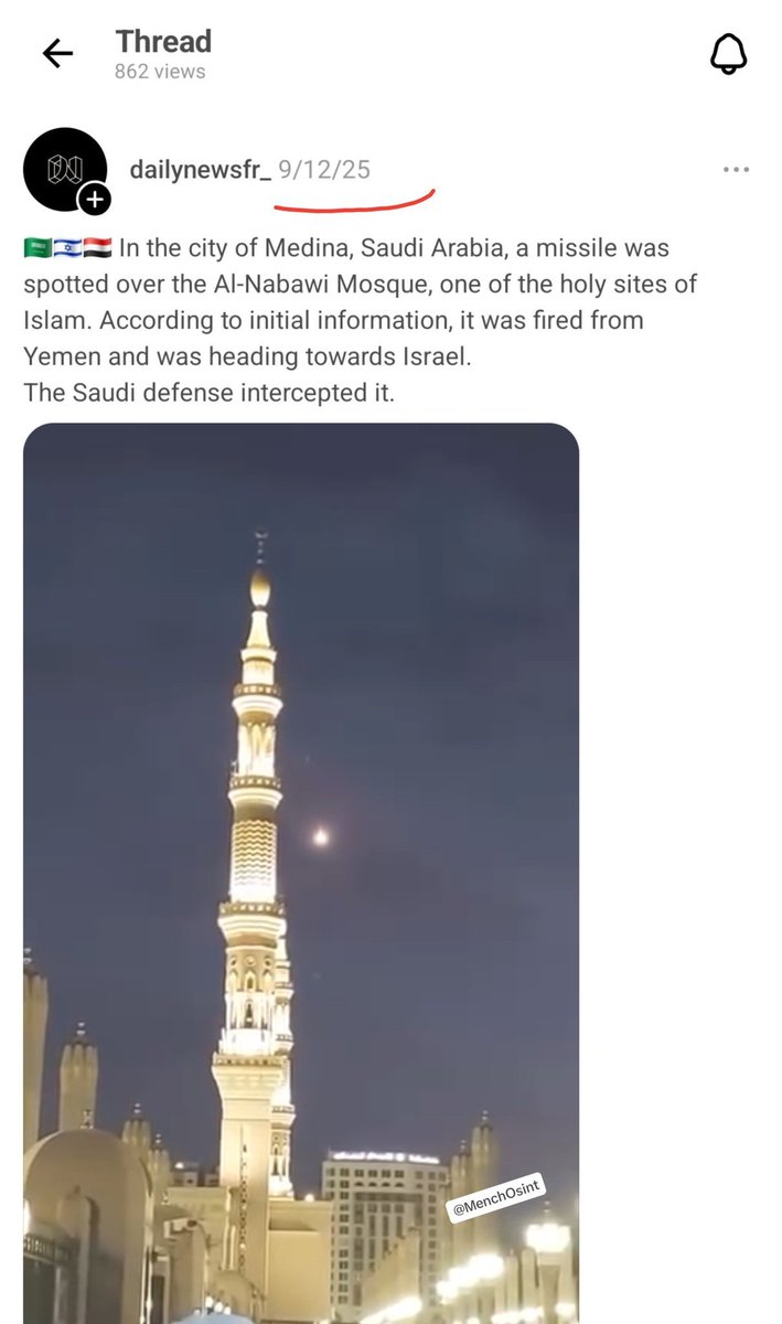 khanhalima12's tweet photo. ⚠️ BEWARE: Saudi &amp; pro-Israel accounts are recycling 2025 footage of a Yemeni missile fired toward Israel and intercepted by Saudi air defenses near Medina, now falsely presenting it as an AnsarAllah attack on Mecca in 2026.

Blatant propaganda. VERIFY BEFORE SHARING! https://t.co/ghhr8Ks0l3