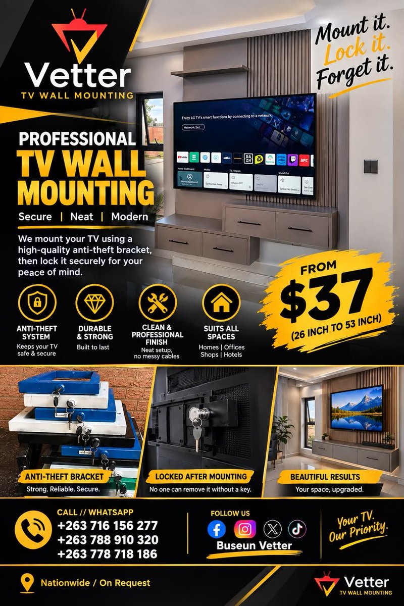BuseunV's tweet photo. Our Vetter brackets are designed to provide 24 hour maximum security to your Tvs.

Once they are inside your house, your Tv is their first target otherwise other things are just bonus to them.

📺 All TV sizes done.

Inbox/ Call /App
+263716156277
+263788910320
+263778718186 https://t.co/H11sweT9M4