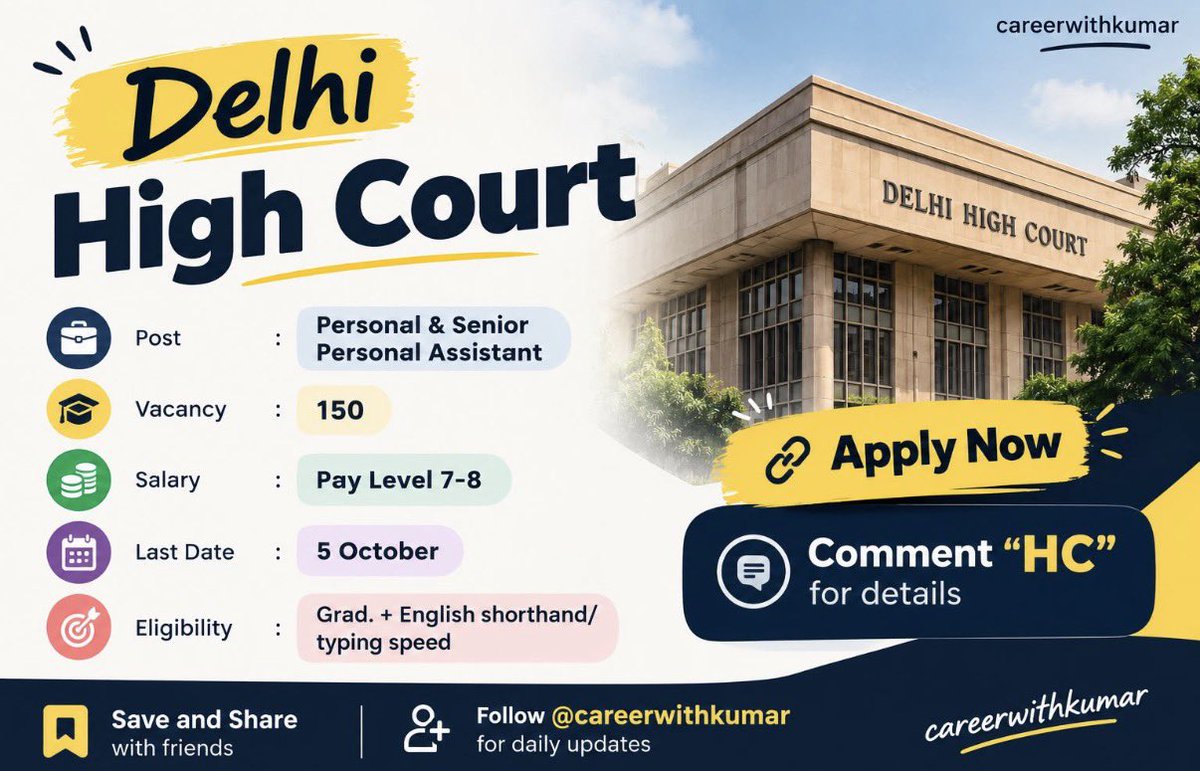 careerwithkumar's tweet photo. 🚨Job Alert🚨

✅ Delhi High Court 

💼 Post : Personal & Senior Personal Assistant 
👨🏼‍🎓 Vacancy : 150
💰Salary : Pay Level 7-8
📅 Last Date : 5 October 
🎯 Eligibility: Grad. + English shorthand/typing speed

🔗 Apply : https://t.co/nbMdNPY80K

👉 Comment “HC” to know the selection process

🔁 Save and Share with friends
Follow @careerwithkumar for daily updates