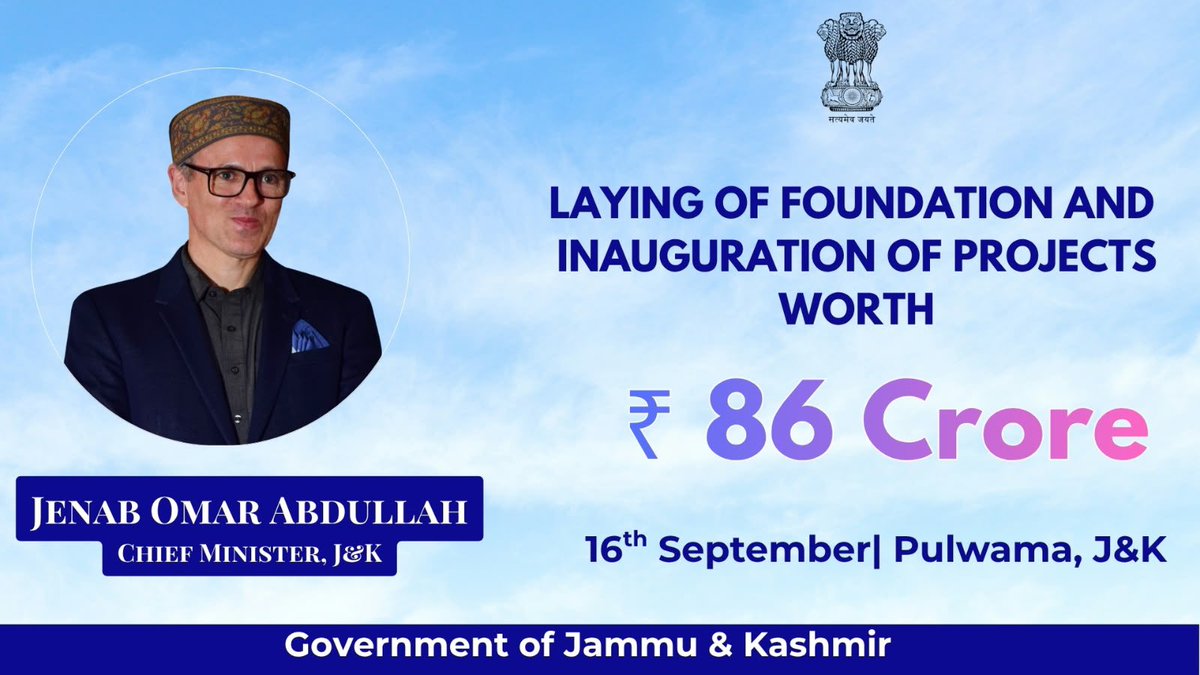 CM_JnK's tweet photo. Chief Minister will visit Pulwama today to review the progress of developmental works and assess the implementation of key projects across the district. He will also dedicate various projects worth ₹86 crore to the people, further strengthening public infrastructure and improving the delivery of essential services in the district.