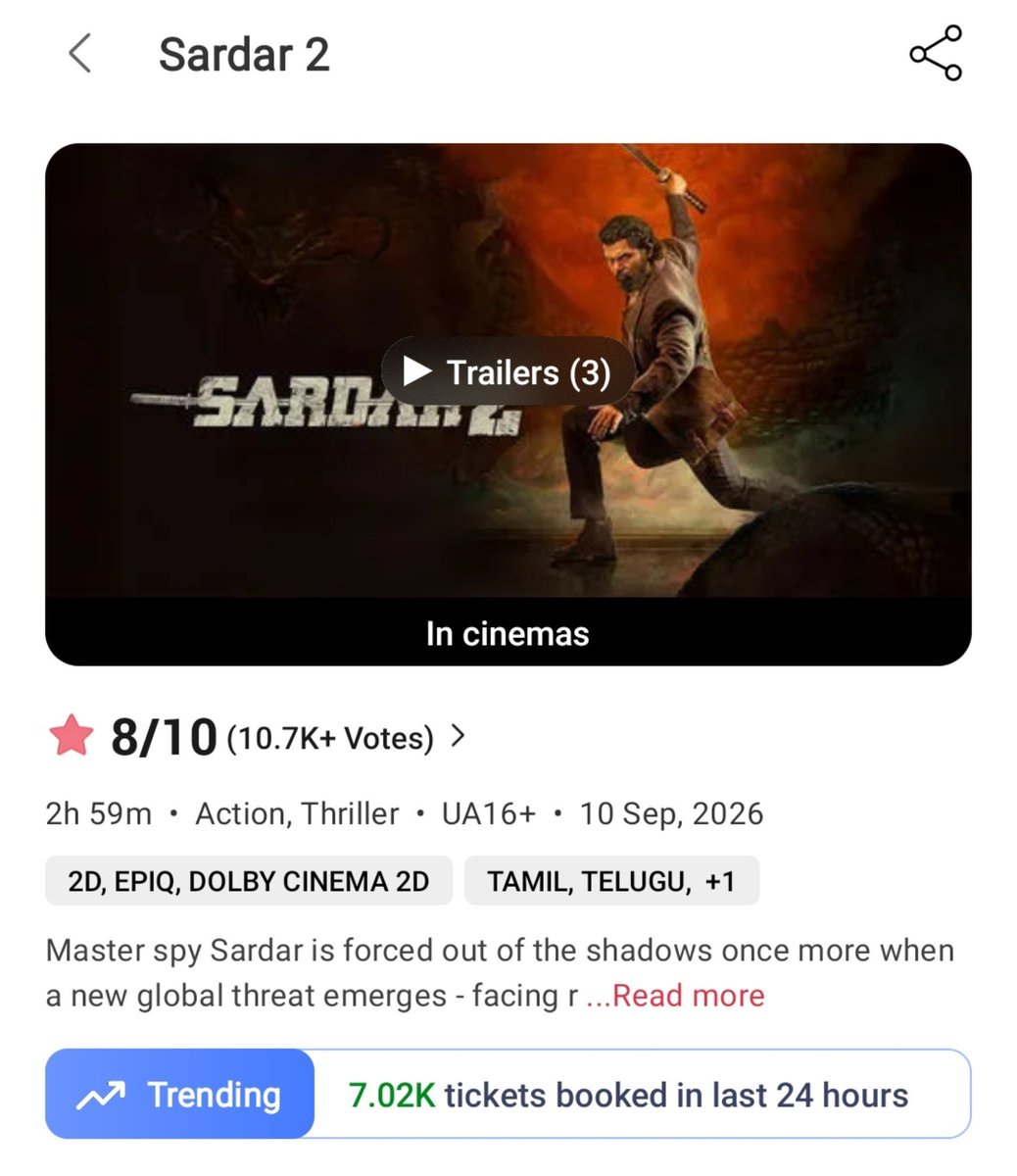 BNDBugle's tweet photo. #Sardar2 🕵️♂️🔥
The spy is still operating from the shadows! 🕶️
7.02K tickets booked in the last 24 hours on BMS. 🎟️
Once a spy, always a spy. ♠️
#Karthi #SJSuryah #PSMithran #SamCS #Sardar2Movie https://t.co/xnG9KVtog3