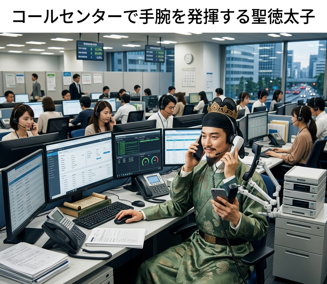 timeleap_take's tweet photo. コールセンターで手腕を発揮する聖徳太子
「人より10倍働いてるから時給あげて」

#現代に迷い込んだ偉人 #聖徳太子 #10人の話を同時に聞く https://t.co/nuE2laXYU4