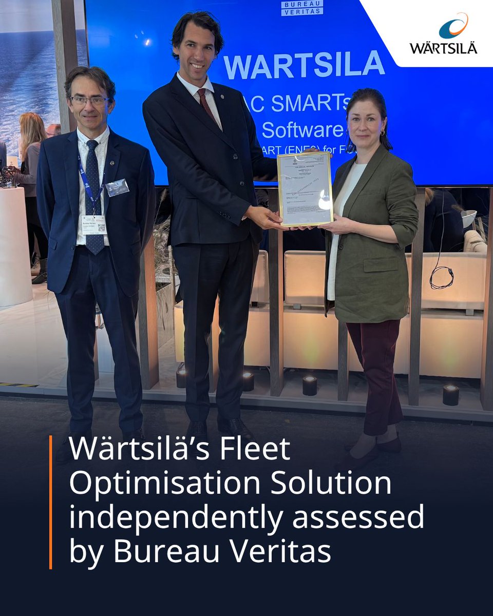 wartsilacorp's tweet photo. At SMM Hamburg, Wärtsilä &amp; Bureau Veritas celebrated a milestone: the delivery of a #TypeApproval certification for Wärtsilä's Fleet Optimisation Solution, under the Bureau Veritas SmartShip framework.

#FleetOptimisation #Innovation https://t.co/07z7vheiLA