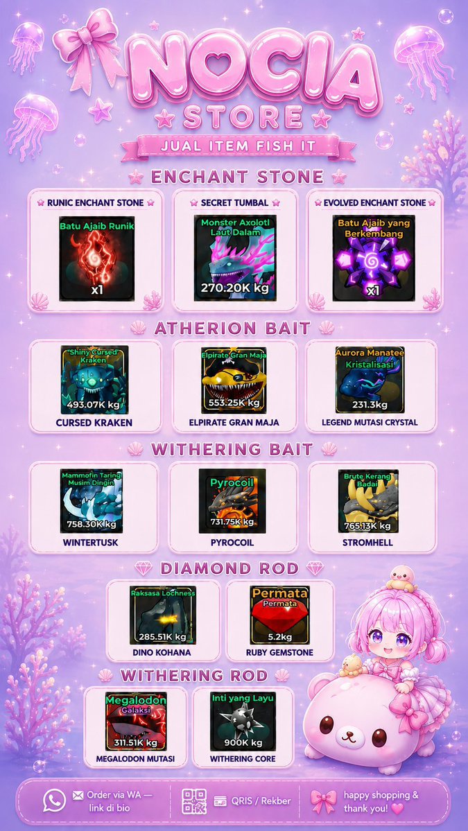 Nociastore's tweet photo. ╭─────⊹˚₊‧ ୨୧ ‧₊˚⊹─────╮
│  🐟 WTS FISH IT ITEMS 🎣  
╰─⊹˚₊‧ ───────────── ‧₊˚⊹

╭┈ 🦈 MEGALODON ┈╮
│ ♡ Megalodon Mutasi ➜ 9k
╰──────────────────╯

╭┈ ✨ 𝙀𝙉𝘾𝙃𝘼𝙉𝙏 ┈╮
│ ♡ Runic ➜ 1000/e
│ ♡ sctb ➜ 25p/e
│ ♡ Evo ➜ 50p/e
╰────────────────╯

╭┈ ┈┈ 🪨 CORE ┈ ┈ ┈╮
│ ♡Nonmut  2k
│ ♡ Maxton 3K
│ ♡ Stone 3K
╰────────────────╯

╭┈ 🪨 WITHERING BAIT ┈╮
│ ♡Lava = Pyrocoil 4K
│ ♡ Salju = winterstuck 7K  
│ ♡ Petir = stromshell 1k 
│ ♡ 1 Paket = 10k
╰────────────────╯

╭┈ 💎 𝘿𝙄𝘼𝙈𝙊𝙉𝘿 𝙍𝙊𝘿 ┈╮
│ ♡ Dino Kohana ➜ 2k
│ ♡ Ruby Gemstone ➜ 3k
│ ♡ Ruby + Dino ➜ 5k
╰──────────────────╯

╭┈ 🪱 𝘼𝙏𝙃𝙀𝙍𝙄𝙊𝙉 𝘽𝘼𝙄𝙏 ┈╮
│ ♡ Elpirate Gran Maja ➜ 1,5k
│ ♡ Cursed Kraken ➜ 3k
│ ♡ Legend Mutasi Crystal ➜ 1k
│ ♡ Paket Atherion ➜ 5k
╰────────────────────╯
