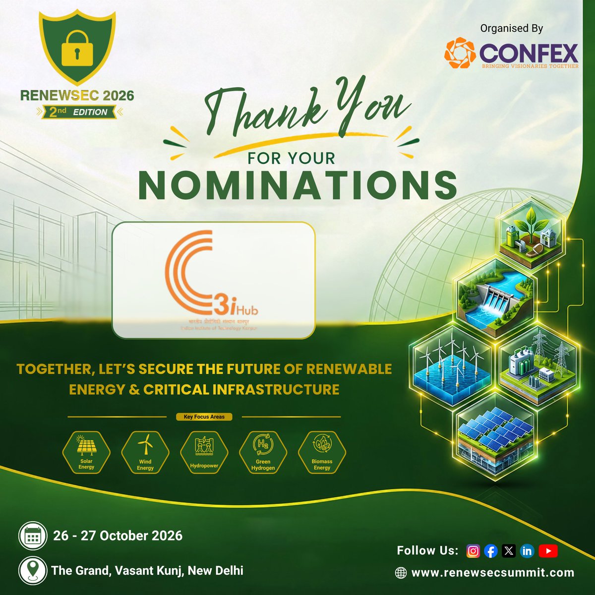 renewsec70981's tweet photo. 🙏 Thank You for Your Nomination!
We are pleased to acknowledge C3iHub, IIT Kanpur for its nomination for the 2nd Edition of RENEWSEC 2026 — India’s premier conference on OT Cybersecurity for Renewable Energy & Critical Energy Infrastructure.

🔐 As renewable energy expands, cyber resilience is essential to protecting critical assets — from inverters and generation systems to OT/ICS, control networks and digital infrastructure.

By joining RENEWSEC 2026, will gain industry insights, knowledge sharing and practical perspectives from cybersecurity leaders, experts and peers across leading organizations.

The summit provides a focused platform to learn, network and collaborate on emerging cyber threats and build a more secure and resilient energy ecosystem.

We look forward to C3iHub, IIT Kanpur active participation in making RENEWSEC 2026 a truly impactful industry gathering.

📢 Register Now: https://t.co/FbmXhXoVu3
📅 Dates: 26th–27th October 2026
📍 Venue: The Grand, Vasant Kunj, New Delhi
🤝 Organized by: Confex Exhibition & Conference Pvt Ltd
🔗 Know More: https://t.co/MmZ8BqzKqZ

#RENEWSEC2026 #AyanaRenewablePower #OTCybersecurity #CyberResilience #RenewableEnergy #EnergySecurity #CriticalInfrastructure #Confex