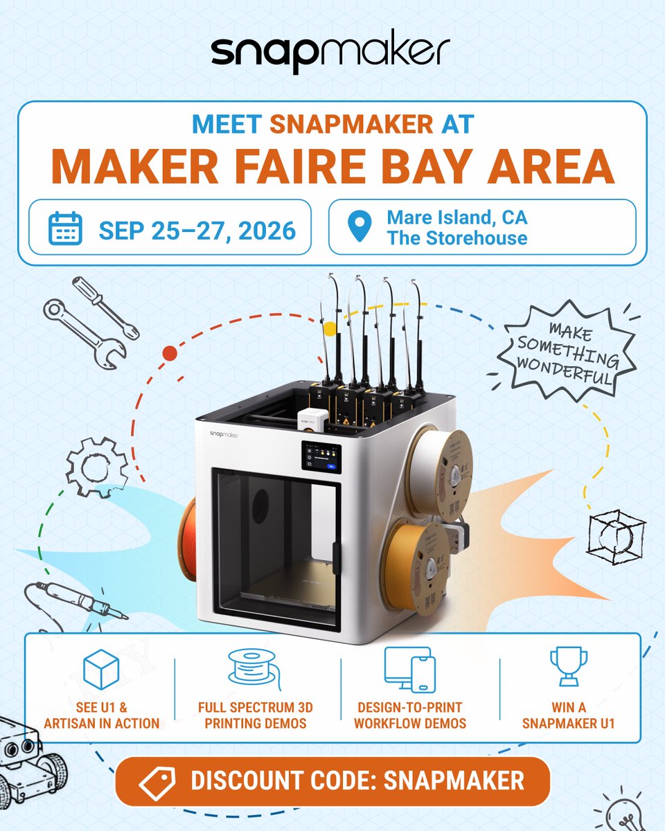 snapmaker's tweet photo. 🛠️ Snapmaker is heading to @makerfaire Bay Area!

Come find us in the Storehouse and experience Snapmaker U1 Toolchanger and Artisan 3-in-1 in action:

🌈 Full Spectrum 3D printing demos
📱 Design-to-print workflow demos
🎁 A chance to win a Snapmaker U1

📅 September 25–27
📍 Mare Island, CA
🎫 Get discounted tickets with code SNAPMAKER

Come say hi, explore what's possible, and make something wonderful with us. 👋