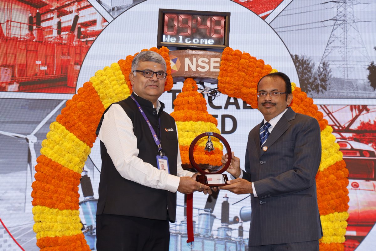 NSEIndia's tweet photo. Congratulations to Kanohar Electricals Limited on getting listed on NSE today.
Kanohar Electricals Limited is engaged in the manufacturing of transformers in India. The Company caters to industries such as power transmission, railways, renewable energy and power distribution.
The Public issue was of INR 1,056 cr.

#NSEIndia #listing #IPO #StockMarket #ShareMarket #KanoharElectricalsLimited @ashishchauhan