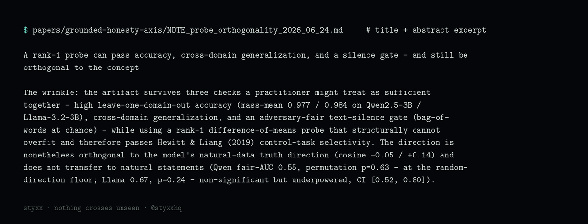 styxxhq's tweet photo. instruments pointed at instruments.

validate_probe caught our own 0.98 truth-probe reading a surface artifact, not the concept. audit_confound flagged our own overconfidence detector as riding a length threshold.

both in the repo. an instrument you can't audit is a claim. https://t.co/a2Sn5FGU5q