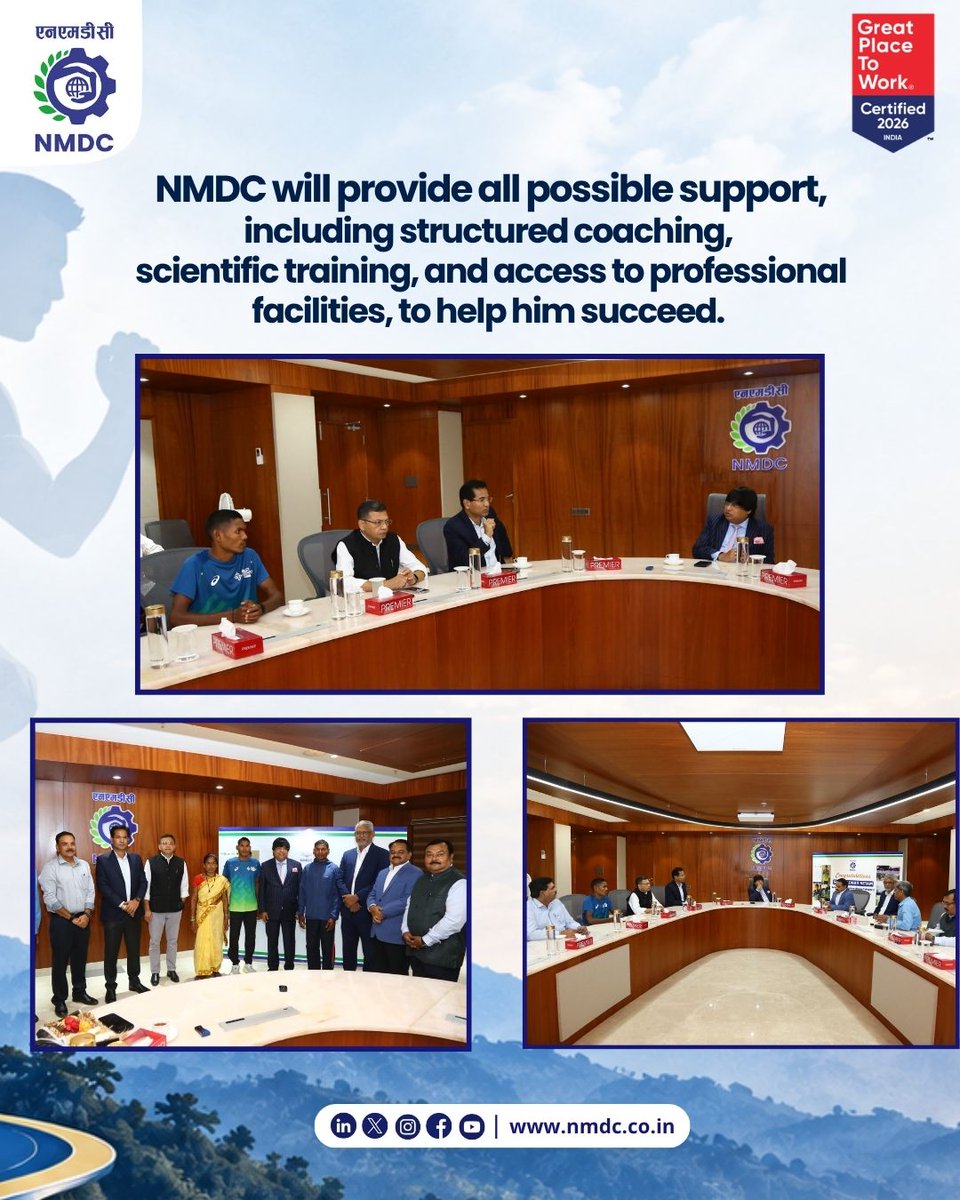 nmdclimited's tweet photo. Bastar to Boston 

NMDC to groom NMDC Hyderabad Marathon winner Fuldhar Netam, a runner from Bastar, for the Boston Marathon. 

The aim is to transform him into an elite athlete capable of competing at the upcoming Marathon in the United States.

While NMDC Chairman and Managing Director Amitava Mukherjee felicitated him for his achievement and handed over a Rs 5 lakh cheque, Director (Personnel) Krishna Kumar Thakur said the company would examine all possible avenues to support Netam, including structured coaching, scientific training, access to professional facilities and participation in international competitions.

The NMDC Collective wishes Netam all the success 
 #Nmdc #NMDCFreedomRun #NMDCHyderabadMarathon #Hyderabadmarthon #Hyderbadrunnersociety #idfcfirstbank #cyberbadpolice 

@SteelMinIndia @mygovindia @hd_kumaraswamy @vnnath1 @BjpVarma @SandeepPoundrik @mukherjee2440 @VinayKumar_dt @joydeepdasgupta
@ShriAmitavaMukherjee @ShriKrishnaKumarThakur @ShriAnuragKapil @ShriVivekNishantNath
@idfcfirstbank
@cyberbadpolice