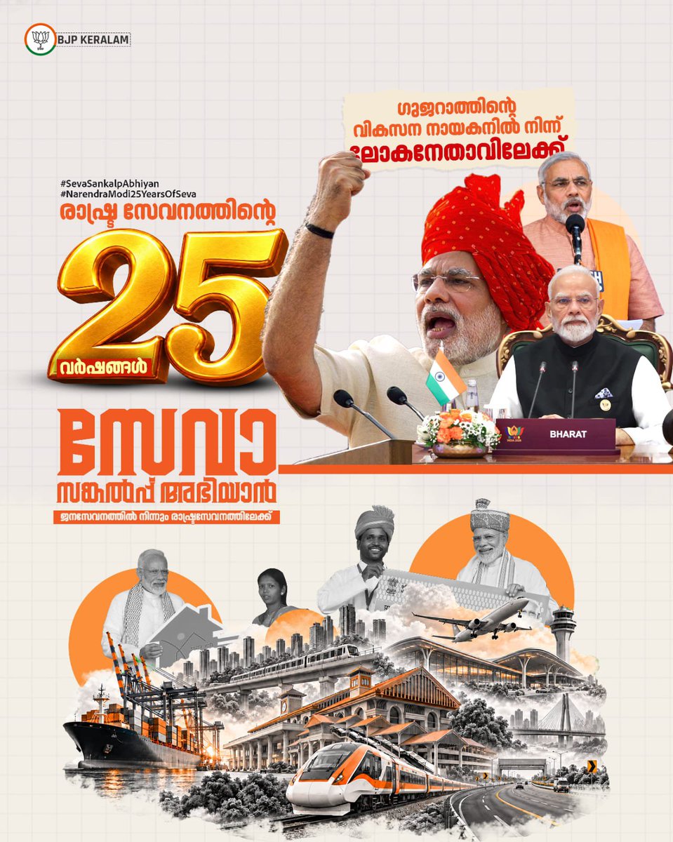 BJMM4Kerala's tweet photo. ലോകം ഉറ്റുനോക്കുന്ന ഇന്ത്യ, വികസനത്തിൽ കുതിക്കുന്ന രാഷ്ട്രം. ആഗോളതലത്തിൽ ഭാരതത്തിന്റെ ശബ്ദത്തിന് കരുത്തുപകർന്ന, രാജ്യത്തിന്റെ വികസന സ്വപ്നങ്ങളെ സാക്ഷാത്കരിച്ച 25 വർഷങ്ങൾ. 

മോദിജിയുടെ  സേവനയാത്ര

#SevaSankalpAbhiyan 

#NarendraModi25YearsOfSeva https://t.co/2KbMLXHLio