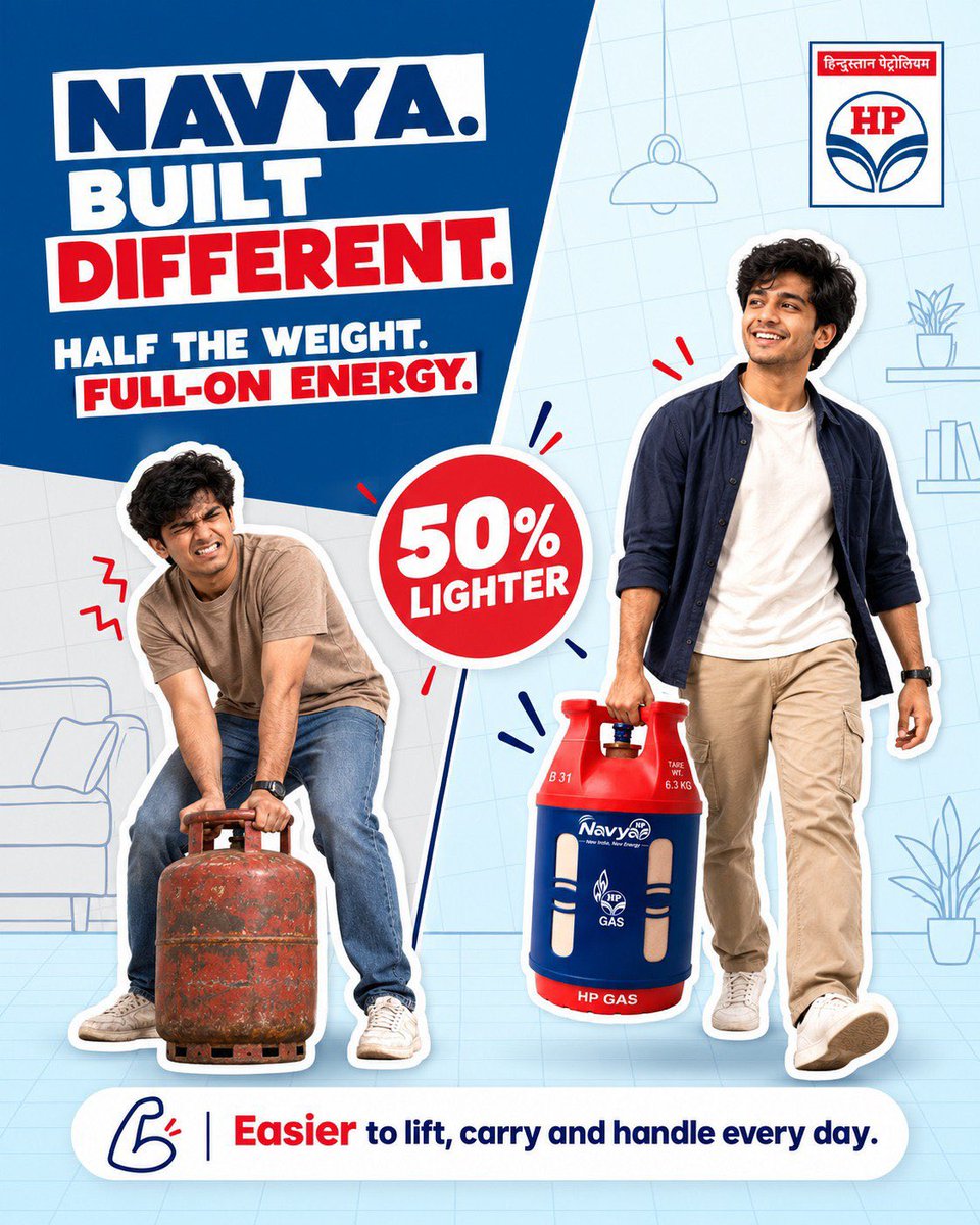 hpcllro's tweet photo. Half the weight. Full-on energy. ⚡

HP Navya is 50% lighter than conventional steel cylinders, making it easier to lift, carry and handle every day

HP Navya—Built Different
Bring home HP Navya, Login to HP Pay App- Book Navya
#HPNavya #BuiltDifferent #NewEnergy @HPCL @HPGAS_HQO @LPGNCZLUCKNOW @ashish2311