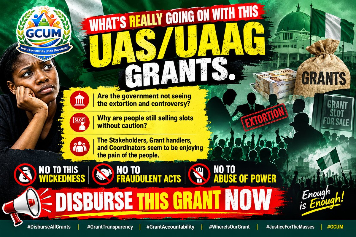 GrantCommuUnite's tweet photo. THE MASSES ARE BLEEDING WHILE THE LEADERS ARE QUIET…

For over a decade, members of the grant community have continued to wait for grants they subscribed for with their hard-earned money.
As the waiting continues, concerns over repeated payments, slot sales, unanswered questions and alleged exploitation are growing. Yet many affected Nigerians feel abandoned, while those responsible for providing clarity remain largely silent.
The human cost of prolonged financial hardship cannot be ignored. Families struggling to meet basic needs, healthcare expenses and other obligations deserve answers, transparency and accountability.
We call on the Federal Government of Nigeria (@NigeriaGov ), security and financial-crime agencies, relevant authorities, civil society, investigative journalists and the international community to pay attention to the concerns of the grant community.
There must be a proper investigation into the funds collected, grant administration, prolonged delays, repeated demands for payments and the individuals or organisations responsible.

OUR CALL:
DISBURSE LEGITIMATE GRANTS WITHOUT FURTHER DELAY.
Enough is enough. The grant community needs urgent attention and protection.
#GrantTransparency #GrantAccountability #DisburseAllGrants #WhereIsOurGrant #JusticeForTheMasses #StopExtortion #ProtectThePeople #Nigeria #GCUM