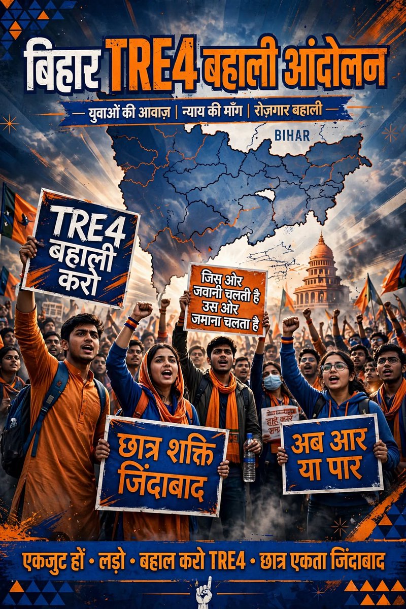 QueenOfBharat1's tweet photo. शिक्षा मंत्री मिथलेश तिवारी आपने STET के नाम पर #TRE4 फंसाने का हर संभव प्रयास किया है,

लेकिन अब जो #आंदोलन होगा TRE4 बहाली के लिए वो आपका इस्तीफा होने के बाद ही समाप्त होगा

जिस ओर जवानी चलती है 
उस ओर जमाना चलता है

छात्र शक्ति जिंदाबाद,अब आर या पार।

@mkrtiwari_bjp @BJP4Bihar https://t.co/Po1oGaHUEn