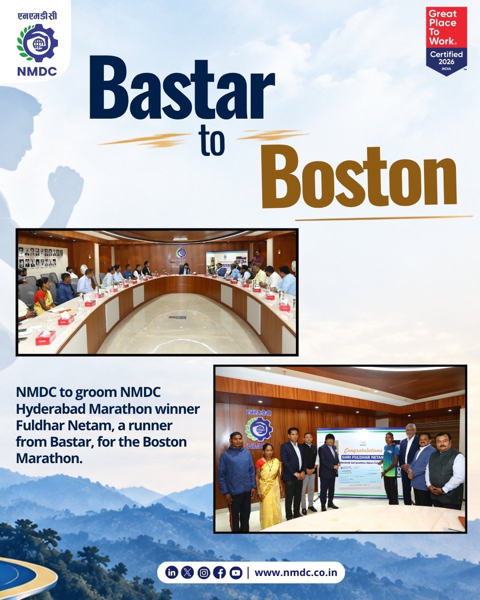 nmdclimited's tweet photo. Bastar to Boston 

NMDC to groom NMDC Hyderabad Marathon winner Fuldhar Netam, a runner from Bastar, for the Boston Marathon. 

The aim is to transform him into an elite athlete capable of competing at the upcoming Marathon in the United States.

While NMDC Chairman and Managing Director Amitava Mukherjee felicitated him for his achievement and handed over a Rs 5 lakh cheque, Director (Personnel) Krishna Kumar Thakur said the company would examine all possible avenues to support Netam, including structured coaching, scientific training, access to professional facilities and participation in international competitions.

The NMDC Collective wishes Netam all the success 
 #Nmdc #NMDCFreedomRun #NMDCHyderabadMarathon #Hyderabadmarthon #Hyderbadrunnersociety #idfcfirstbank #cyberbadpolice 

@SteelMinIndia @mygovindia @hd_kumaraswamy @vnnath1 @BjpVarma @SandeepPoundrik @mukherjee2440 @VinayKumar_dt @joydeepdasgupta
@ShriAmitavaMukherjee @ShriKrishnaKumarThakur @ShriAnuragKapil @ShriVivekNishantNath
@idfcfirstbank
@cyberbadpolice
