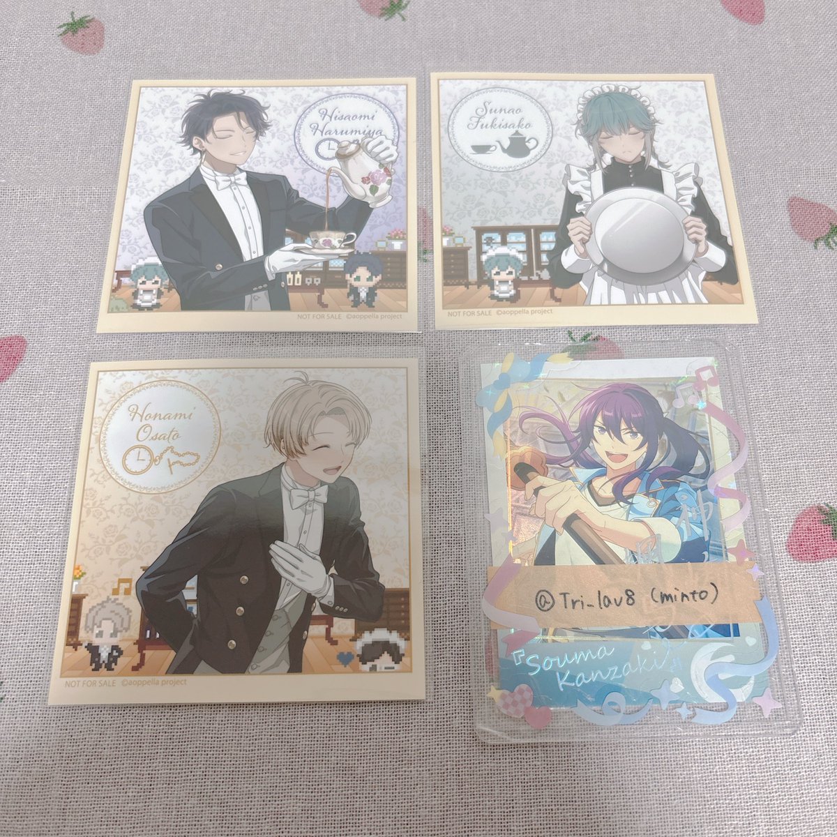 Tri_lav8's tweet photo. 【交換】アオペラ カフェ 特典

譲：
①コースター 道貴
②L版ブロマイド 帆波
③ミニカード 雨夜
④ましかく フォトグラフ 永臣 侃 *帆波

求：
①②④秀 良和 朝晴 由比
③由比 >>> 秀 良和 朝晴

今弾カフェ絵柄であれば異種◎ミニカ由比、コースター良和最優先。

✧本日⑤後/他都内お手渡し、郵送 https://t.co/S31lYyrwCf