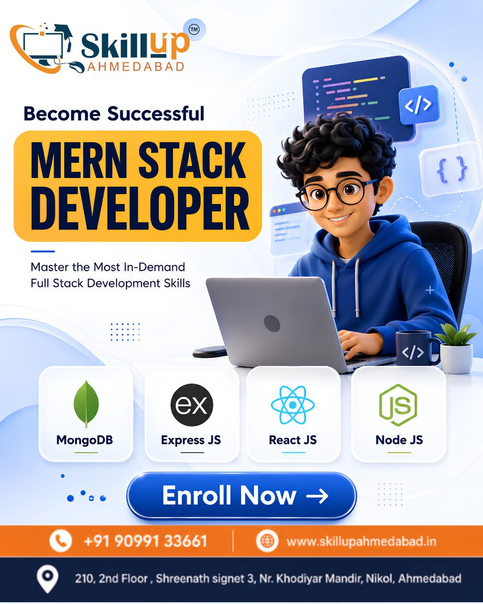 SkillUPAmd's tweet photo. Become a MERN Stack Developer & Build Your Future in Tech! ๐ป๐ฅ
Take the first step toward becoming a job-ready Full Stack Developer!
๐ +91 90991 33661
๐ https://t.co/kTaGBqdNrT
#MERNStack #MERNStackDeveloper #FullStackDevelopment #WebDevelopment https://t.co/p9tr9e8RPV