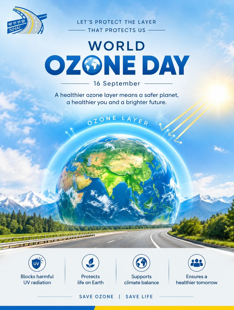 NHAIRO_CHD's tweet photo. A healthy environment is essential for a better future. On World Ozone Day, NHAI continues to promote greener and more sustainable highway development for generations to come.
#WorldOzoneDay #NHAI #GreenHighways #SustainableHighways #SaveOzoneSaveLife https://t.co/uEtERdgXSe