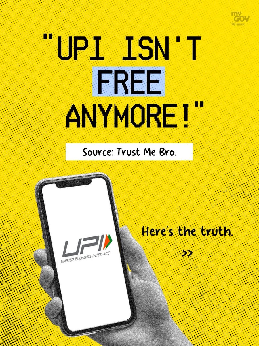 PIB_India's tweet photo. UPI Stays Free for Everyday Users!📲

► #UPI will continue to remain completely free for all person-to-person transactions, irrespective of the amount transferred

► With 96% of merchant UPI transactions unaffected, MDR applies only to certain larger merchant payments, and customers are not charged for it

✅ Take a look at the facts!👇

#UPIPayment #DigitalPayments @UPI_NPCI @mygovindia