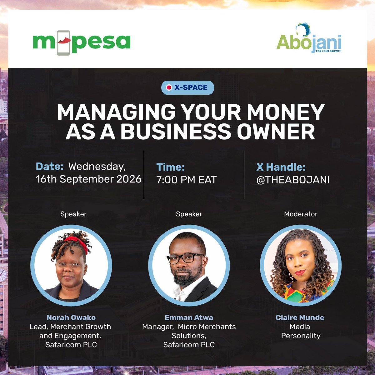 TheAbojani's tweet photo. D-Day is here!

Tonight on X Spaces, we are having an important conversation for business owners and entrepreneurs: Managing Your Money as a Business Owner.

Running a business means dealing with sales, expenses, suppliers, employees, taxes, debt and, hopefully, profit. But making money from a business and managing that money well are two very different things.

We’ll be unpacking the practical side of managing business finances with Norah Owako, Lead, Merchant Growth and Engagement at Safaricom PLC, and Emman Atwa, Manager, Micro Merchants Solutions at Safaricom PLC.

Set reminder here: https://t.co/7CFPZRfQIR