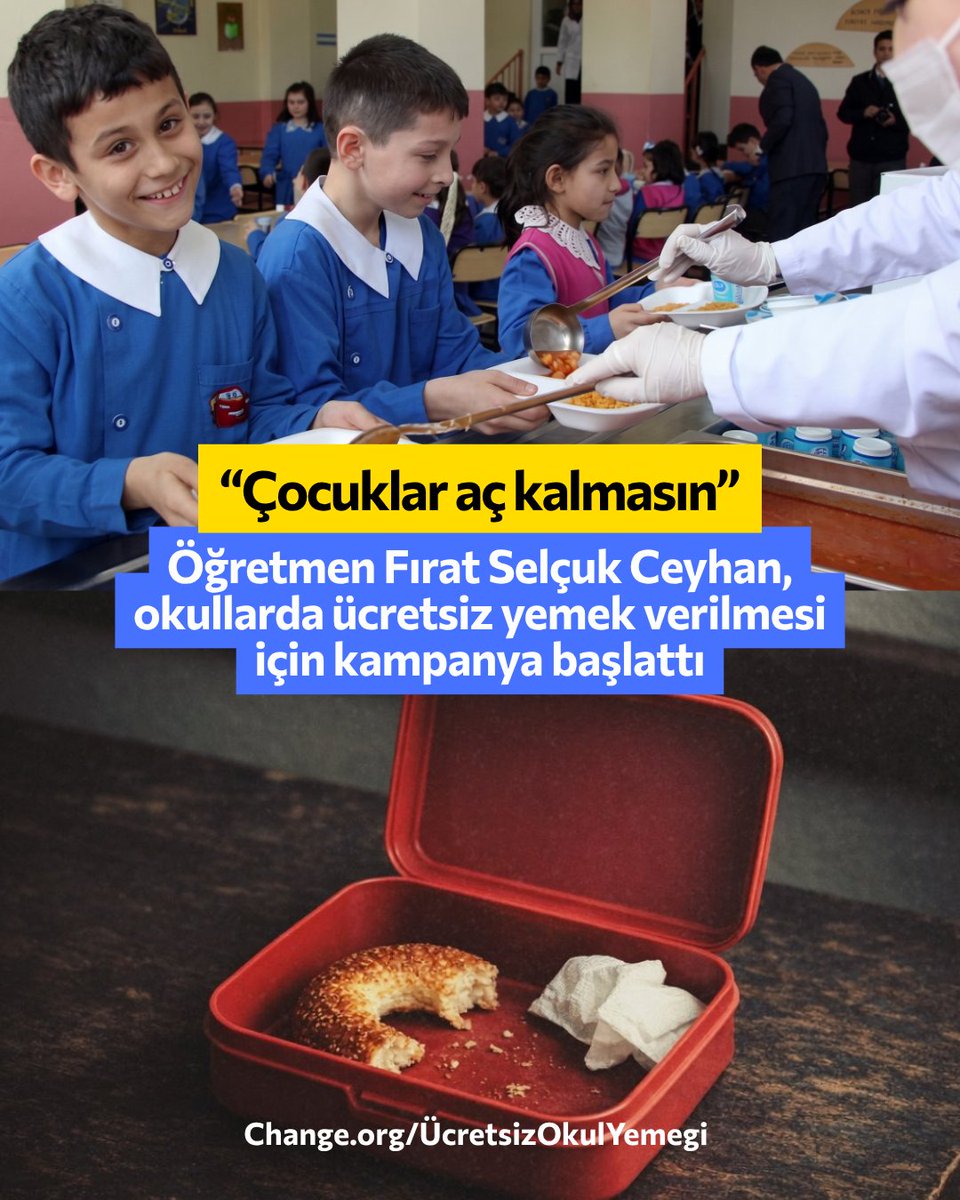 ChangeTR's tweet photo. Ücretsiz okul yemeği için 140 bin imza!

"Öğrencilerin karnı zil çalmasın"

TÜİK'in 2025 verilerine göre çocukların %36,8'i yoksulluk sınırında. Öğretmen Fırat Selçuk Ceyhan'a göre çocukların yemek yiyebilmesi, eğitimden ayrı bir konu değil; bilakis eğitimin bir parçası.

"Bazı çocuklar için o bir öğün yemek; açlıkla mücadele etmeden derse girmek, arkadaşlarının yanında kendisini eksik hissetmemek ve ailesinin üzerindeki ekonomik yükü biraz olsun azaltmak anlamına gelebilir.

Okul yemeği bir ayrıcalık değil, her çocuk için ulaşılabilir bir kamu hizmeti olmalıdır.

Türkiye'deki bütün devlet okullarında öğrencilere, her okul günü en az bir ücretsiz, sağlıklı ve besleyici öğün yemek verilmesini istiyorum."

Destekliyorsan imzala, paylaş: https://t.co/Sj6FF4yamA