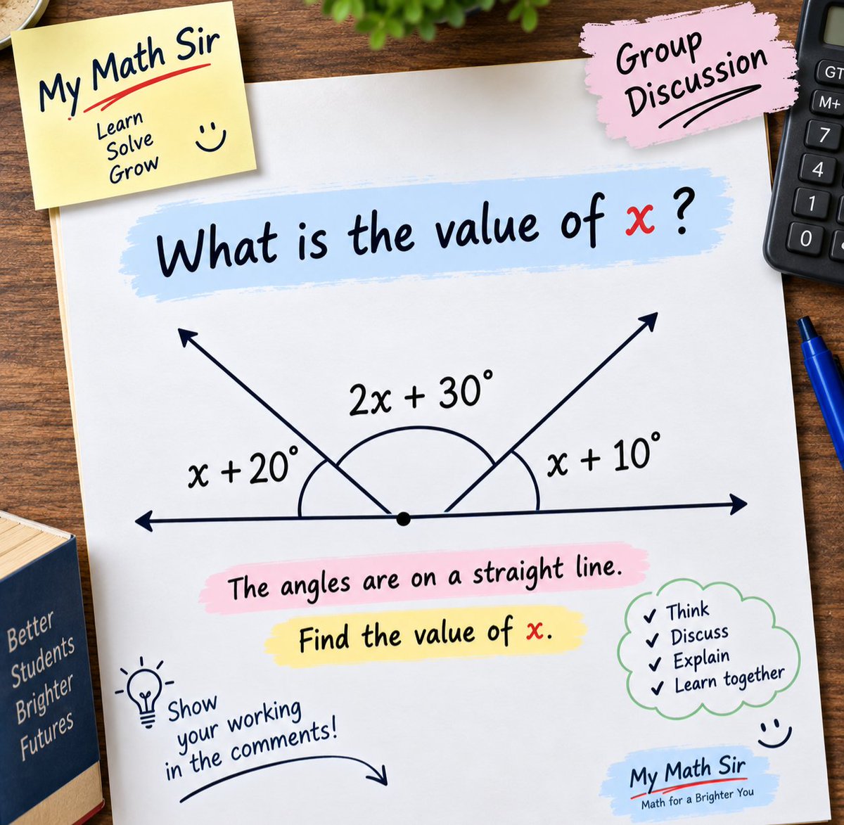 MyMathSir's tweet photo. 📐 Can you find the value of x?

Three angles. One straight line.

Show your working — not just the answer. 👇

#Geometry #MathChallenge https://t.co/nQ4vDg1GTG