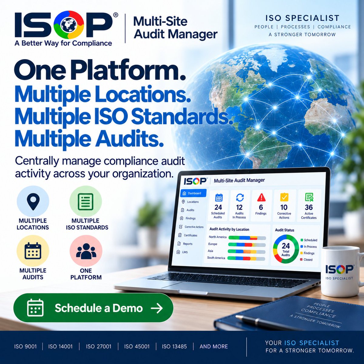 isop_solutions's tweet photo. With ISOP Multi-Site Audit Manager, bring your audit activities together in one centralized platform designed to help you plan, manage, track, and monitor compliance across locations and ISO standards.
Schedule a Demo with ISOP today https://t.co/mbzEBK7pw3
#ISOP #MultiSiteAudit https://t.co/u11cUy6v2S