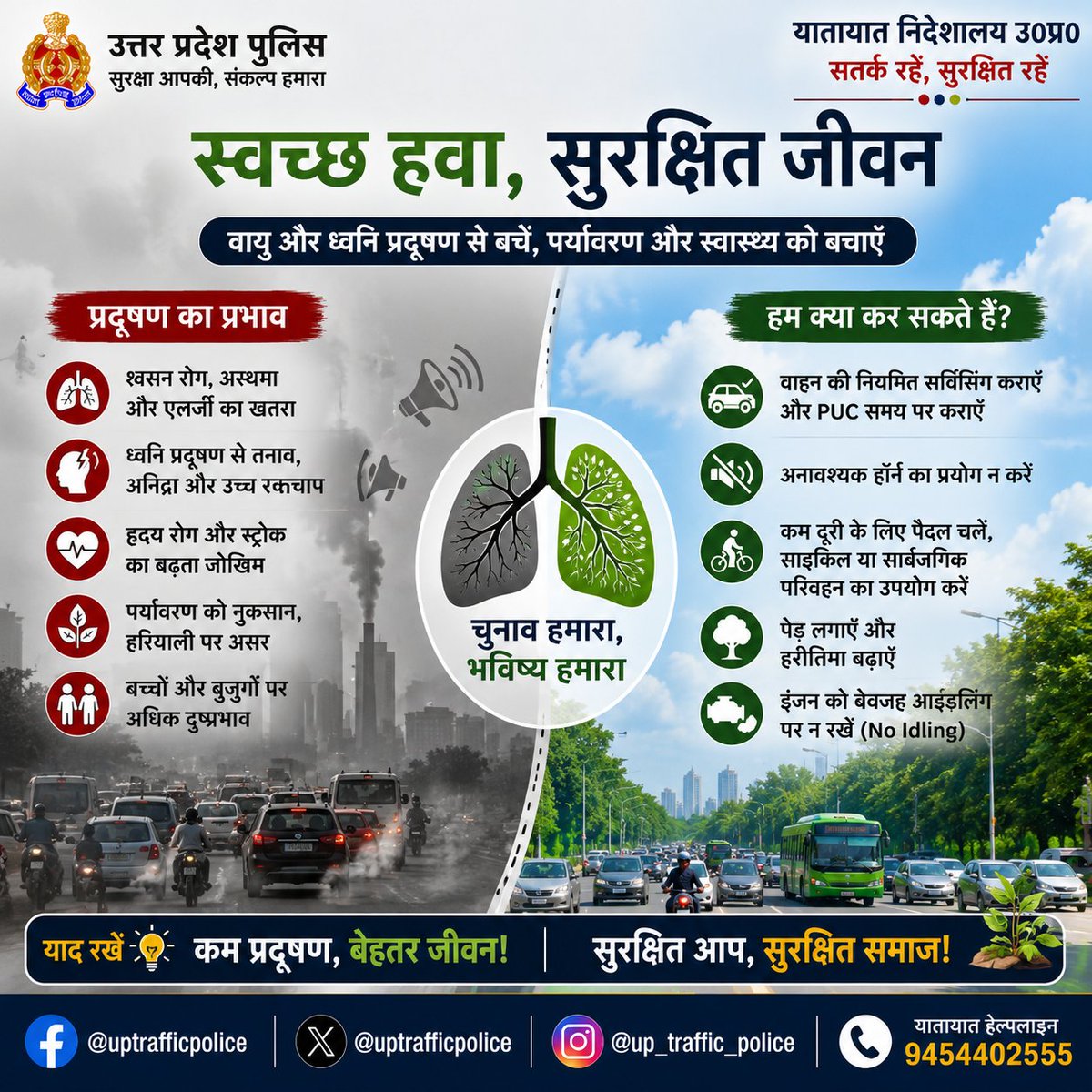 Budauntraffic's tweet photo. 🌿📷 हवा भी साफ रखें, आवाज़ भी।  वाहनों से निकलने वाला धुआँ और अनावश्यक हॉर्न/तेज़ आवाज़—दोनों हमारे पर्यावरण और स्वास्थ्य पर असर डालते हैं।  वाहन की नियमित देखभाल करें, अनावश्यक हॉर्न से बचें और प्रदूषण फैलाने वाली आदतों को रोकें।  स्वच्छ हवा + शांत सड़क = बेहतर और सुरक्षित जीवन https://t.co/eHTyy4TxzC