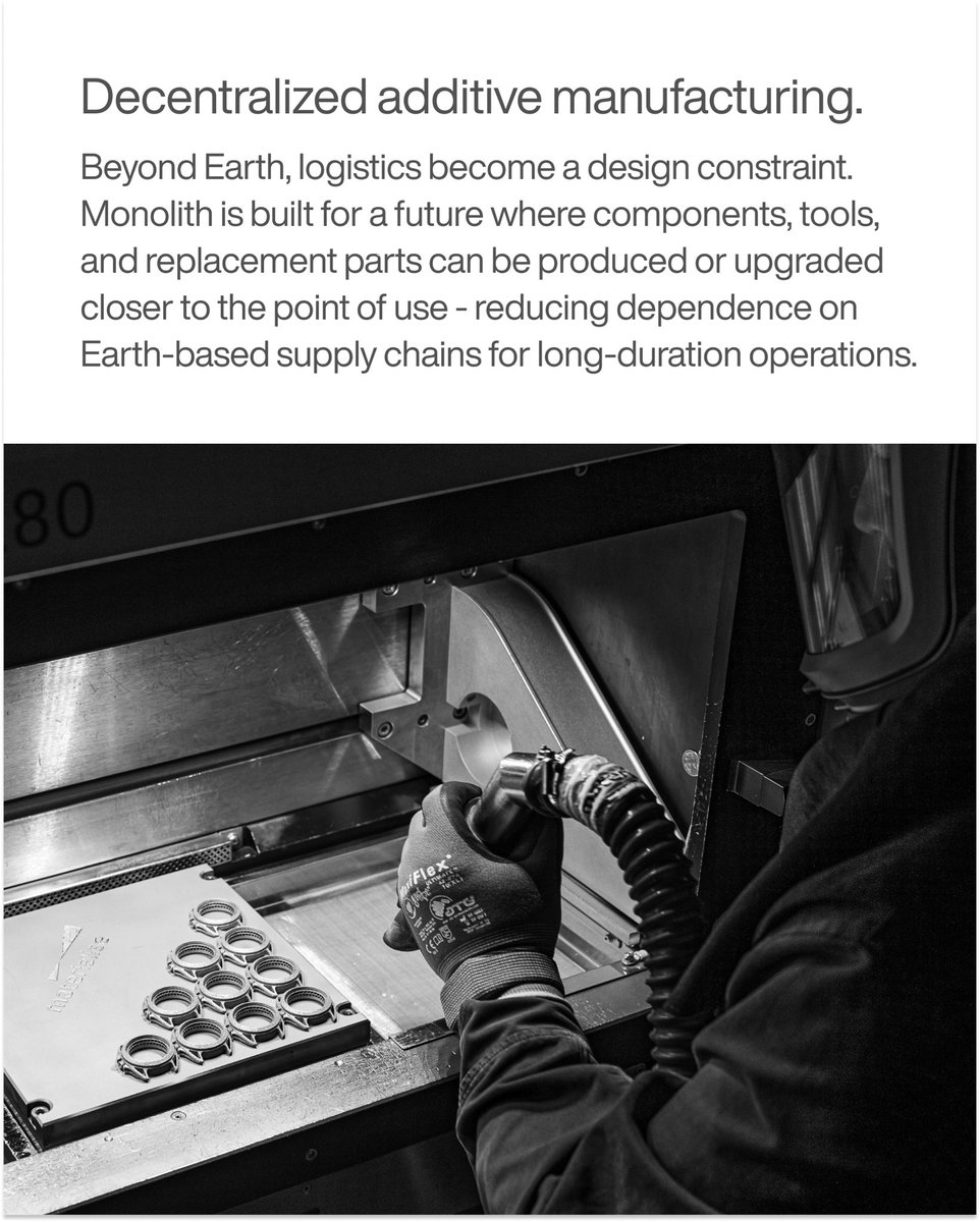 barrelhand_inc's tweet photo. In space hardware, mass is never cosmetic. 🛸

Reusable launch systems have changed the economics of access to orbit, but mass, integration complexity, and logistics remain fundamental design constraints - especially as operations extend from low Earth orbit toward the lunar surface and longer-duration human activity.

Throughout Monolith’s development, we iterated toward an ultra-lightweight architecture, using additive manufacturing as a structural, thermal, and production method.

The chassis is 3D-printed in Scalmalloy®️, an aluminum-magnesium-scandium alloy developed by APWORKS Additive Manufacturing. Used across aerospace applications, Scalmalloy can exceed the yield strength of commercially pure titanium at nearly half the density.

Skeletonized lugs, internal lattice structures, and the Aircore architecture bring the chassis down to just 6.4 grams - more than 40% below an equivalent solid architecture - while preserving structural performance and providing more than 10× the thermal insulation around the M1 Engine compared with an equivalent steel case.

We developed and produced the chassis with @MaterialiseNV using metal laser powder bed fusion, commonly known as DMLS. This process family is used across aerospace applications because it enables mass reduction, part consolidation, and internal geometries beyond conventional machining.

The logic extends beyond the case. As humans live and work farther from Earth, logistics become part of the engineering problem: hardware must be lighter, more serviceable, upgradable, and compatible with future distributed or in-situ production models.

That is the core logic behind Monolith: when you start from first principles and let spaceflight requirements define the system, mass, thermal behavior, serviceability, manufacturability, and logistics stop being separate constraints - they become the architecture.