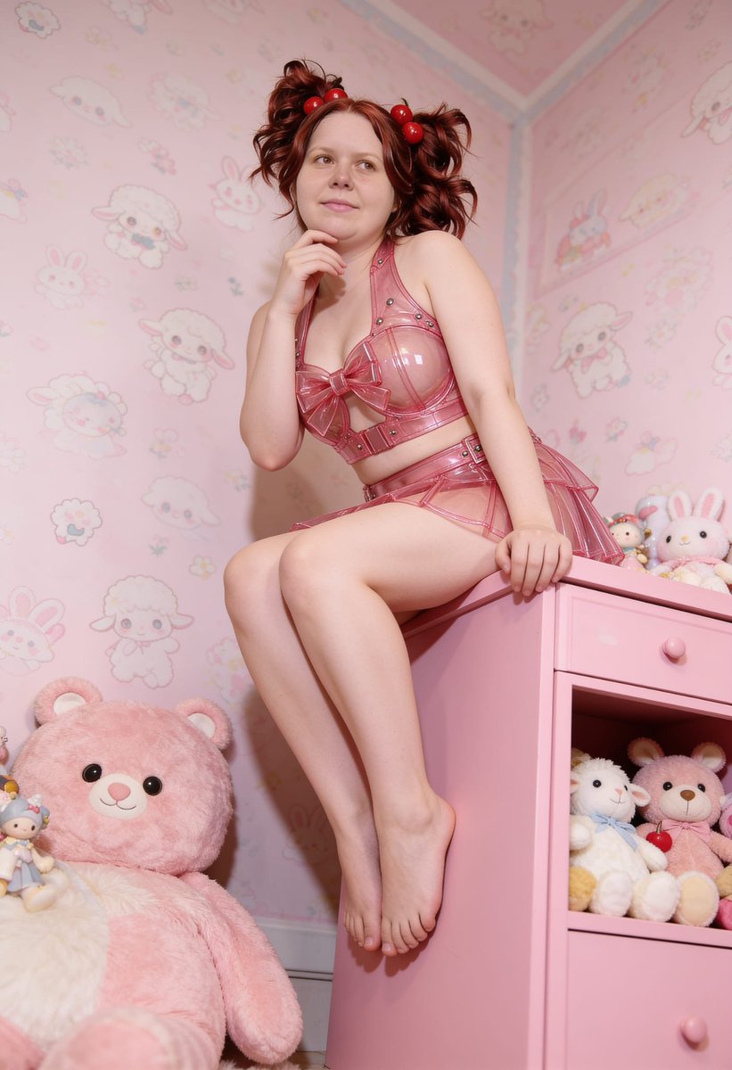 Lizzy1262629's tweet photo. Clear pink PVC two-piece — big bow on the crop, studded straps, layered mini with a belt. Pastel room, toys on the dresser.

#PinkPVC #ClearPVC #BowTop #PVCSkirt #KawaiiRoom #PlasticFashion #FetishFashion #OOTD #StatementSet #LookOfTheDay #PastelLook #CuteSet https://t.co/LVK7zAgiGW