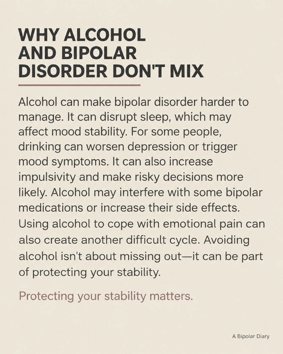 SangyanRehab's tweet photo. #Alcohol and #Bipolar_Disorder create a challenging combination that can significantly disrupt stability. Beyond disrupting sleep architecture and worsening depressive or manic symptoms, alcohol can heighten impulsivity and interfere with stabilizing medications. Choosing to limit or avoid alcohol isn't about restriction it's a deliberate step toward protecting your peace and mental wellbeing.
#BipolarAwareness #MentalHealthEducation #BipolarSupport #MoodStability #MentalHealthMatters #EndTheStigma #Dehradun