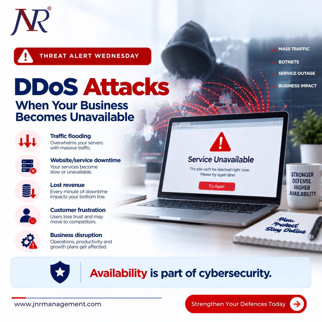 jnrmanagement's tweet photo. 🚨 DDoS attacks can take your business offline in minutes.
When malicious traffic floods your infrastructure, the impact goes beyond downtime—it can mean lost revenue, frustrated customers, service disruption, and reputational damage.
#Cybersecurity #DDoS #DDoSProtection https://t.co/YjvruD1HAh
