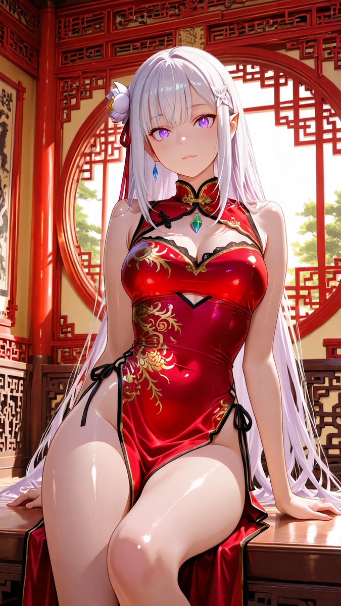 oteranosekai's tweet photo. この赤いチャイナドレス、金のドラゴンがとても綺麗です。
白いファーが暖かくて、冬の夜会にぴったりだと思います。

スリットが高めなので少し恥ずかしいけれど、中華風の建物とよく似合っています。
みんなも着てみたいですか？それとも見るだけにしますか？

ファンアート
エミリア
作品名：Re:ゼロから始める異世界生活

#赤いドラゴンチャイナドレス #赤いドラゴンチャイナドレスご試着 #プロンプト試着 #AIイラスト #エミリア #リゼロ #100回